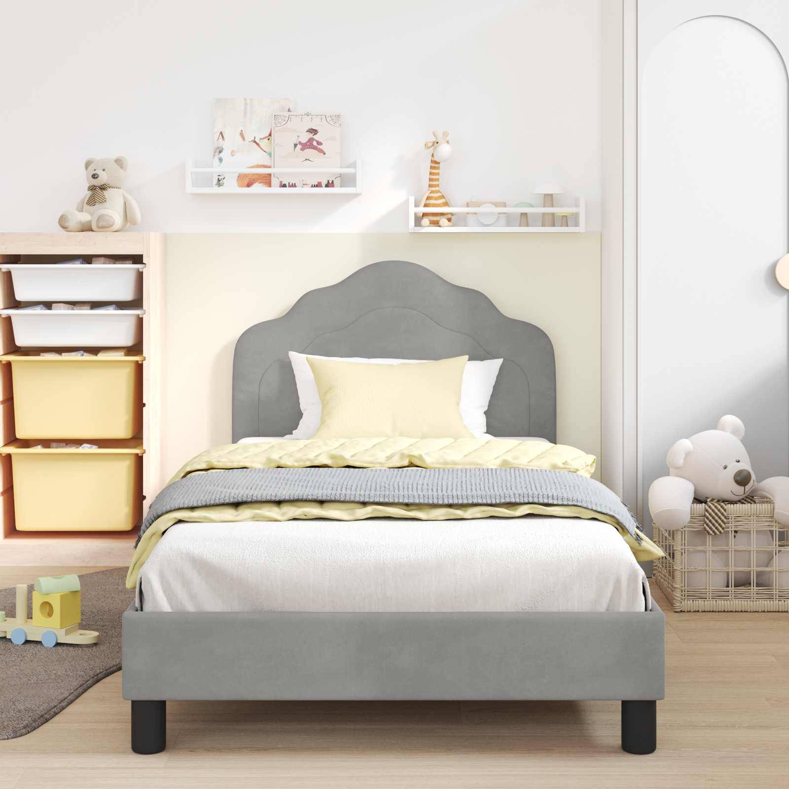 vidaXL Kinderbettgestell mit Kopfteil Hellgrau 90 x 190 cm Samt