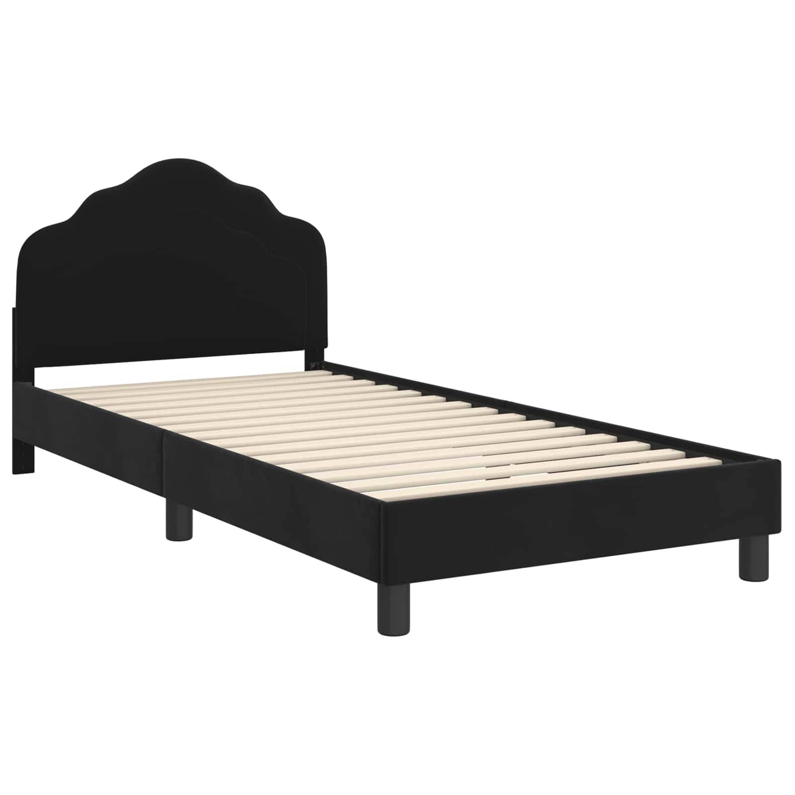 Ein schwarzer Einzelbett-Rahmen mit einer muschelförmigen Kopfseite, der Holzlatten zur Abstützung zeigt, vor einem schlichten weißen Hintergrund.