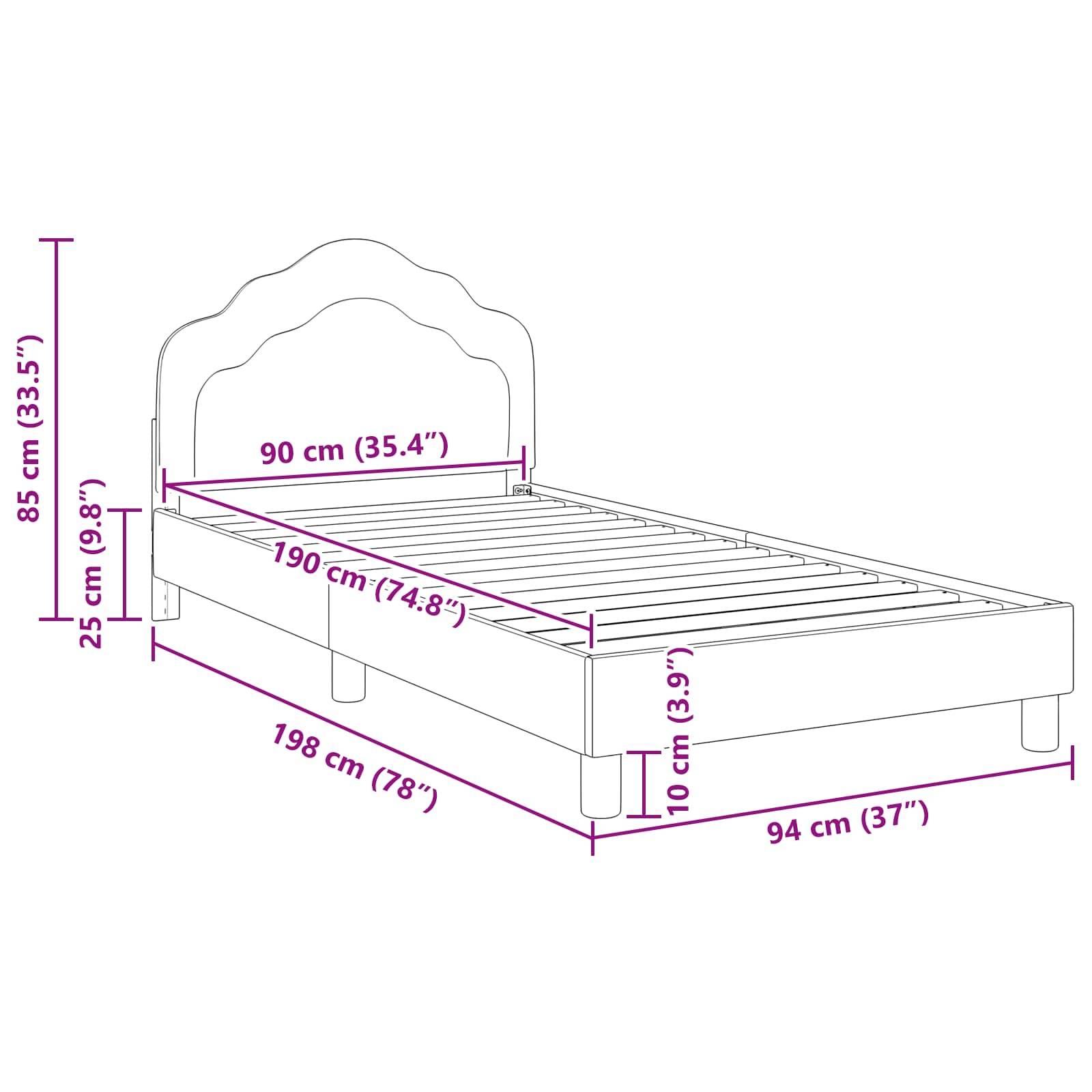 Umrisszeichnung eines Bettes mit beschrifteten Maßen: Höhe 85 cm (33,5