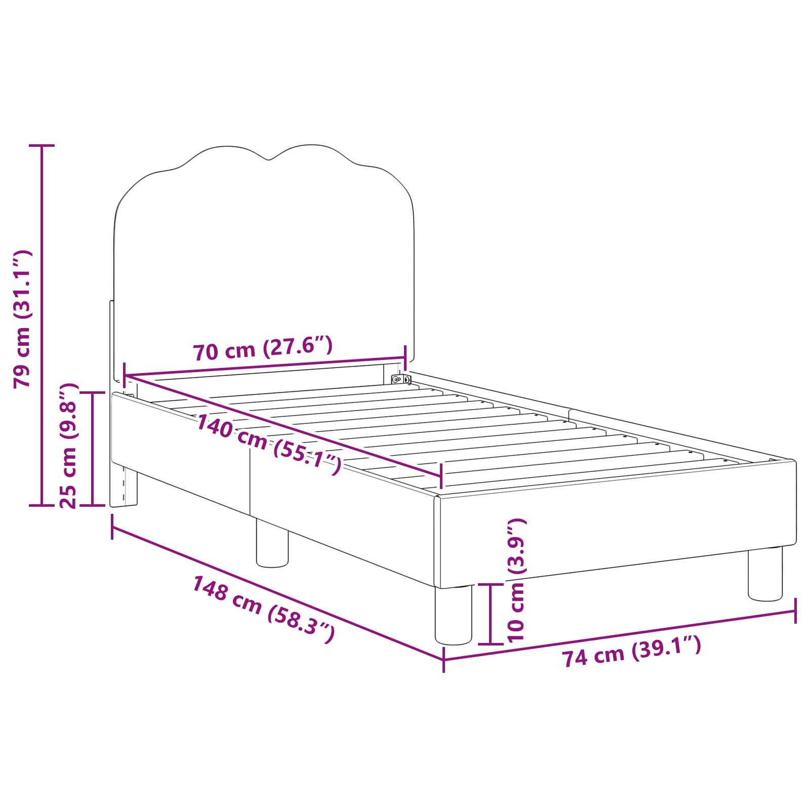 Diagramme zeigen die Abmessungen eines Bettgestells: Höhe 79 cm, Breite 74 cm, Länge 148 cm. Matratzengröße: Breite 70 cm, Länge 140 cm.