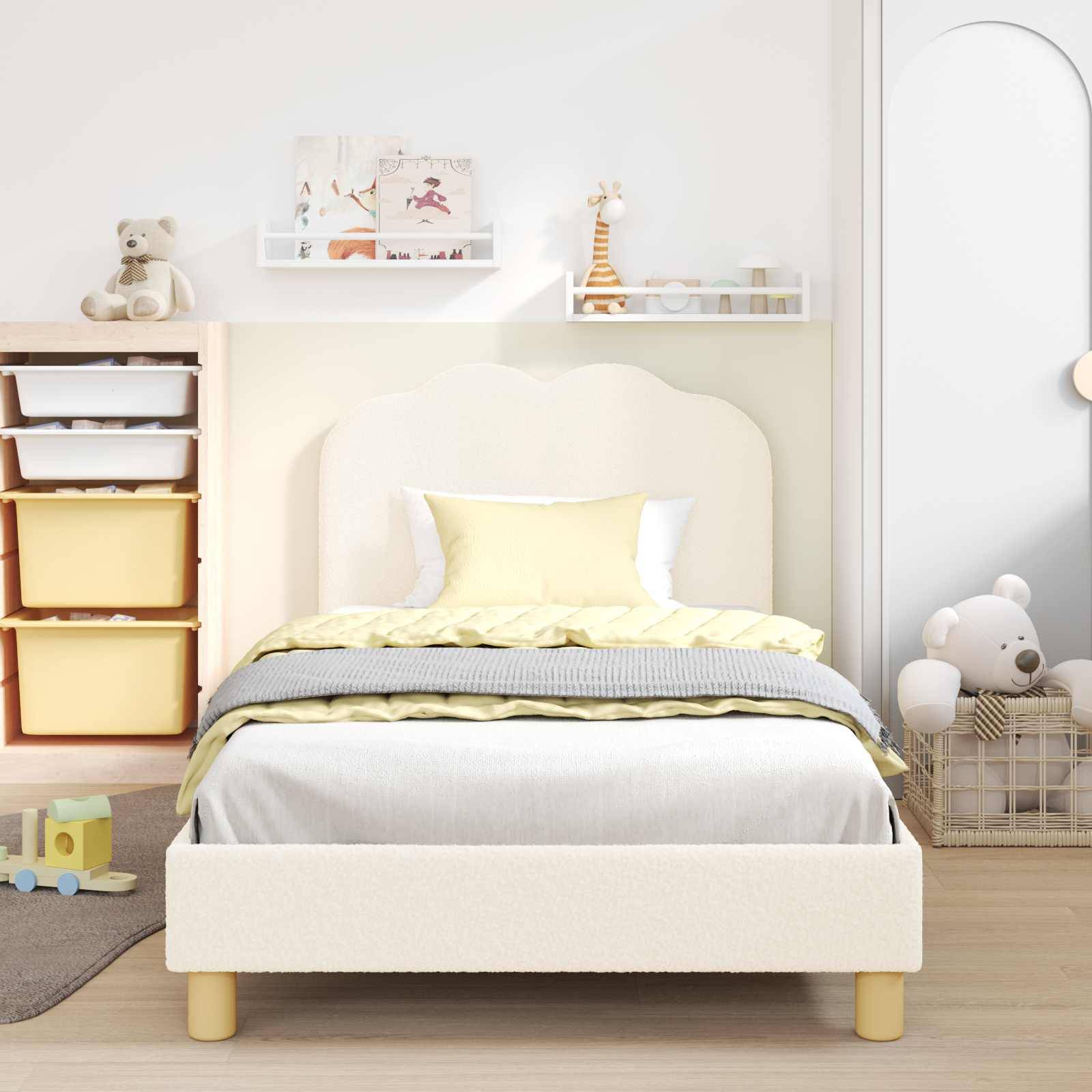 vidaXL Kinderbettgestell mit Kopfteil Creme 80 x 200 cm Bouclé