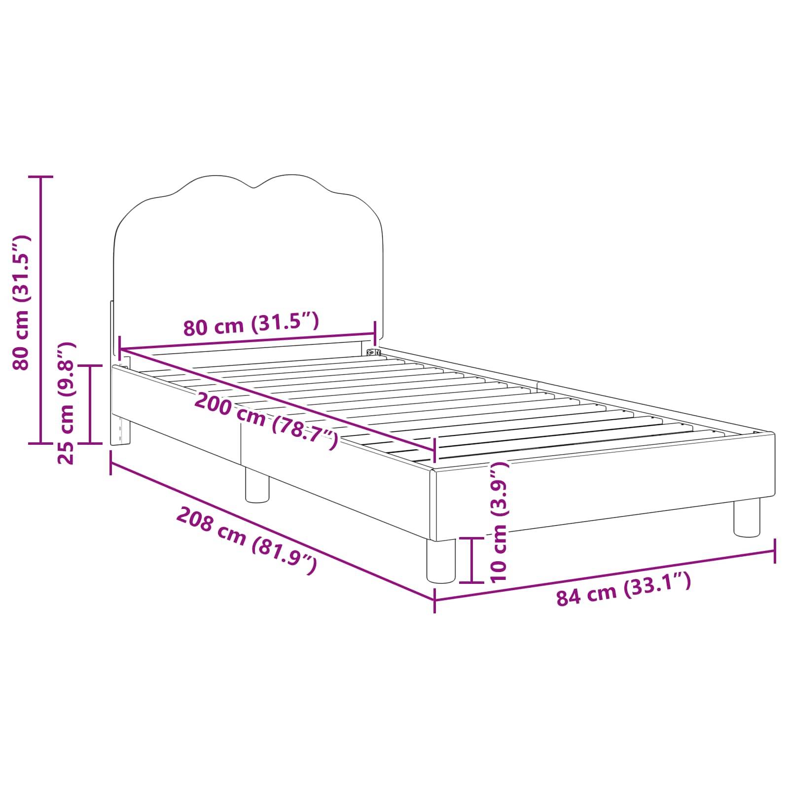 Technische Zeichnung eines Bettes mit Kopfteil. Maße: Höhe 80 cm (31,5