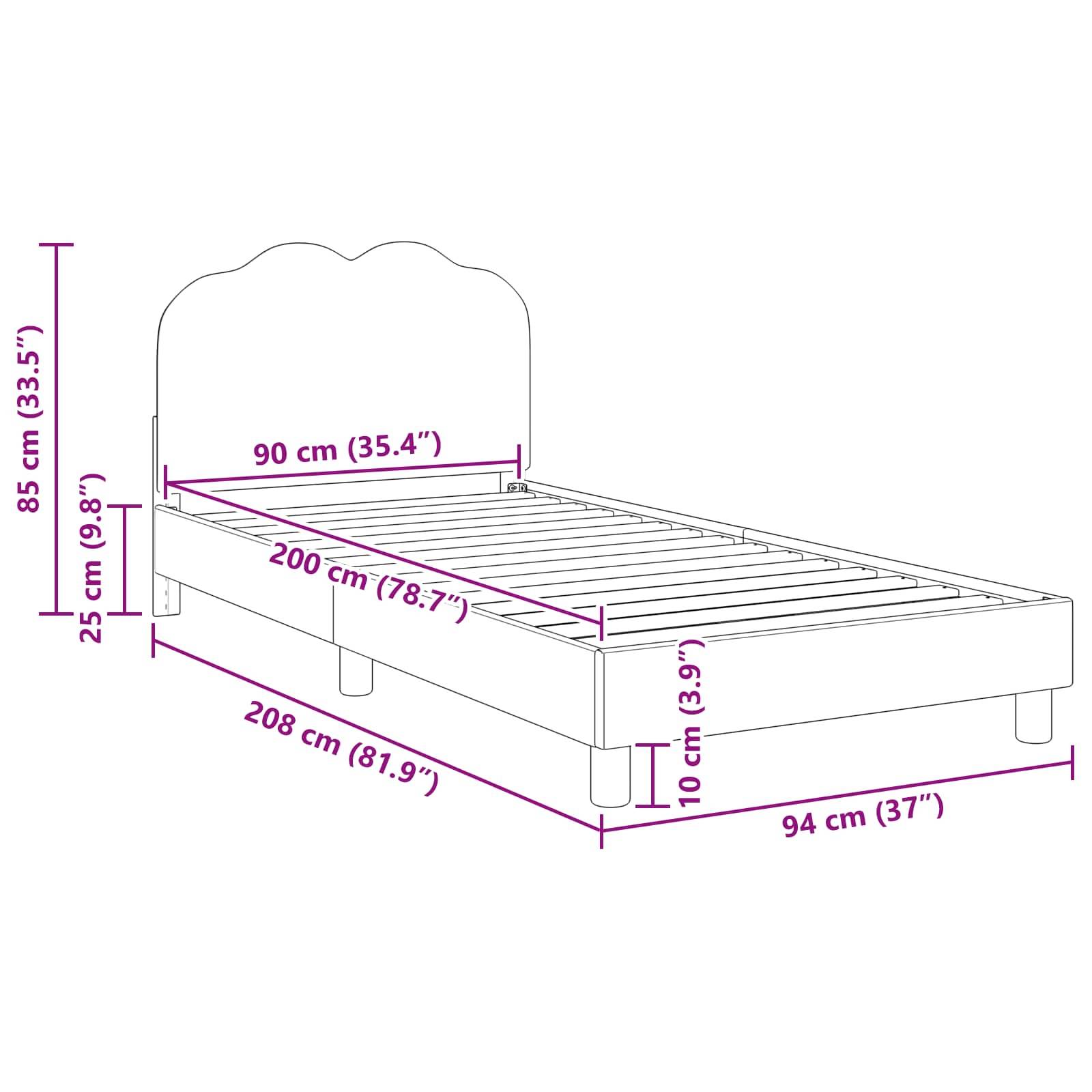 Maße und Linienzeichnung eines Bettgestells mit Kopfteil: 85 cm Höhe, 200 cm Länge, 90 cm Breite, 25 cm Bodenfreiheit.