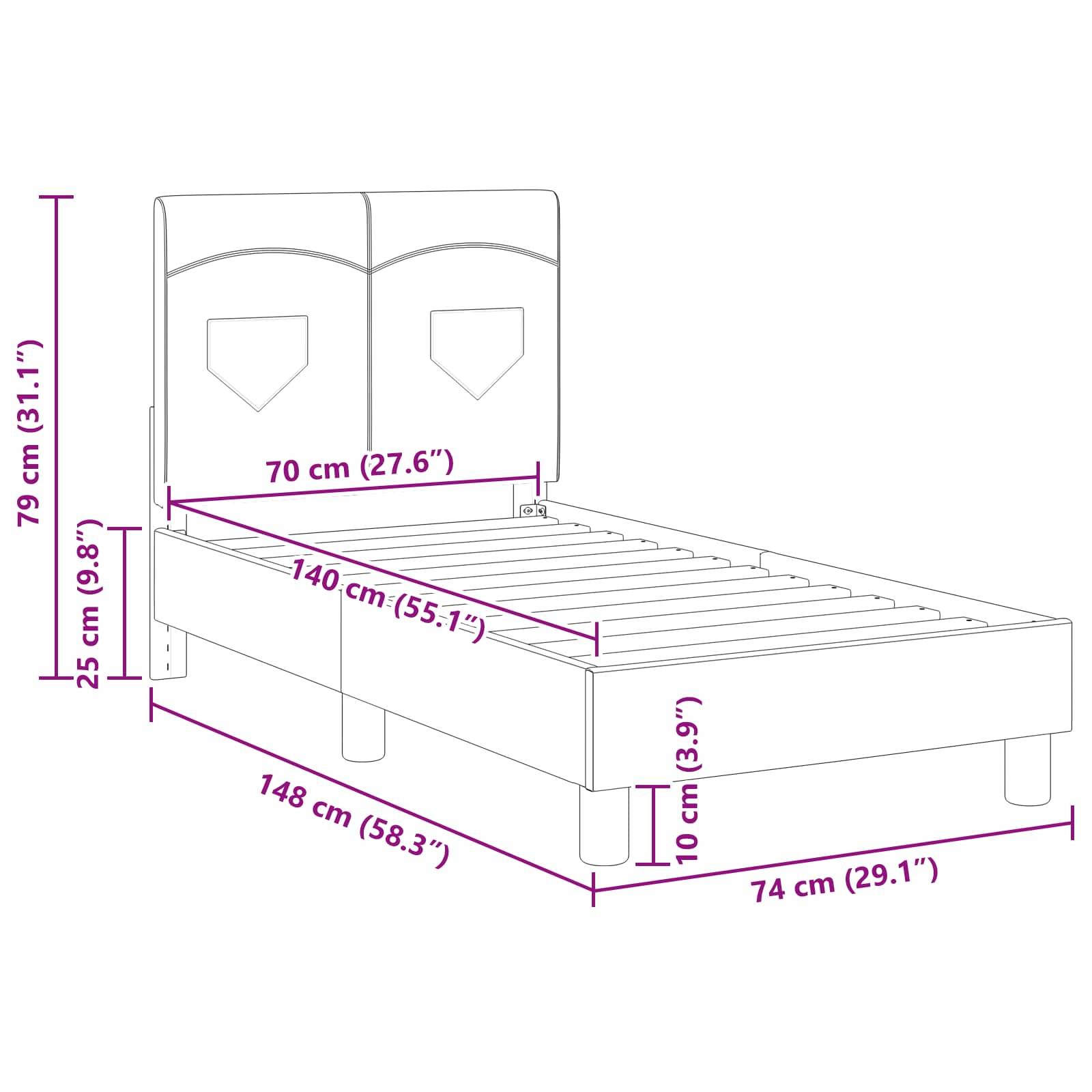 Diagramm eines Bettgestells mit Maßen: 79 cm hoch, 148 cm lang, 74 cm breit. Verschiedene Komponenten haben ihre spezifischen Abmessungen angegeben.