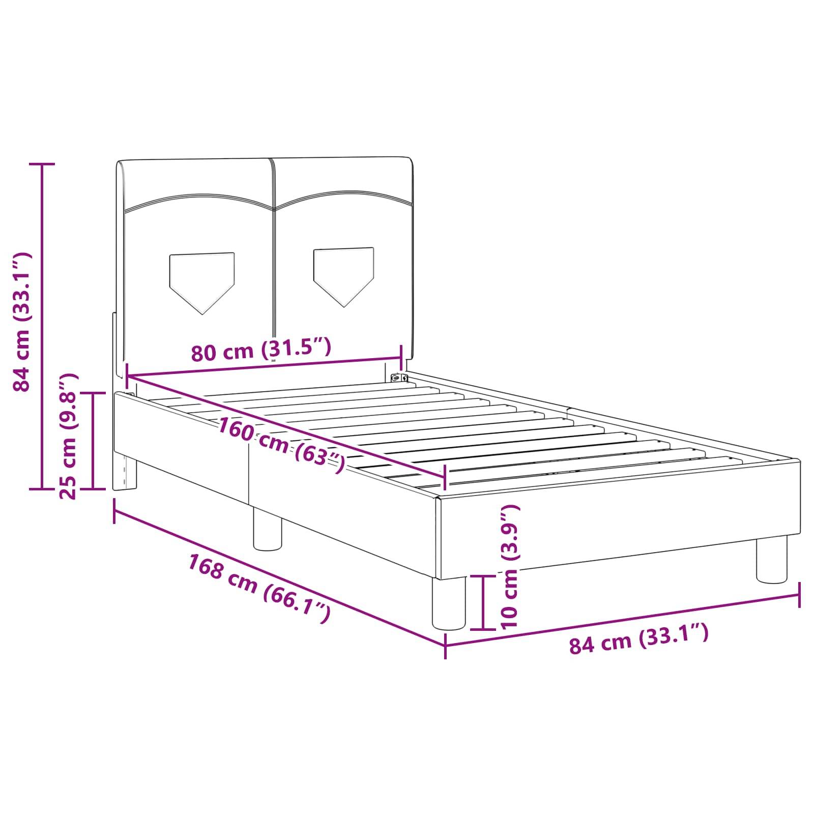 Eine Linienzeichnung eines Bettes mit Maßen: Höhe 84 cm (33,1 Zoll), Länge 168 cm (66,1 Zoll), Breite 84 cm (33,1 Zoll). Matratzenbereich: 160 cm x 80 cm (63 x 31,5 Zoll).
