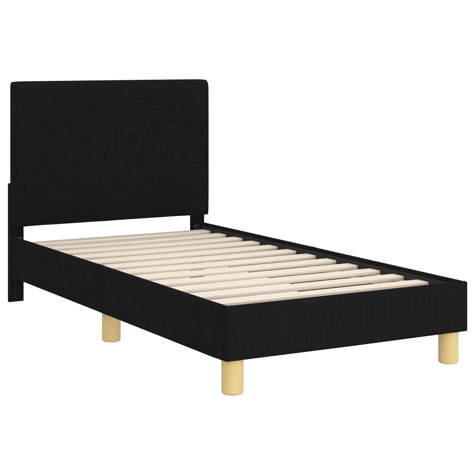 Ein einzelner schwarzer Bettrahmen mit hohem Kopfteil, hellen Holzbeinen und Holzlatten, konzipiert für eine moderne oder minimalistische Schlafzimmergestaltung.