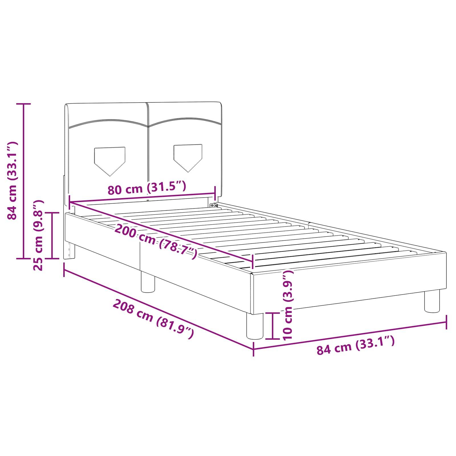 Linienzeichnung eines Bettes mit Maßangaben: Kopfteil 25 cm hoch, 80 cm breit; Bettlänge 208 cm, Breite 84 cm; Beinhöhe 10 cm.