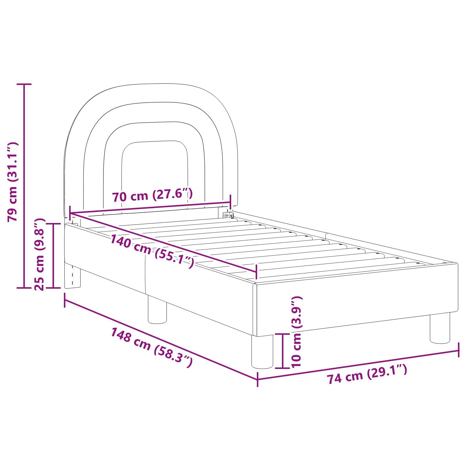 Diagramm eines Bettgestells mit Maßen: Höhe 79 cm, Länge 148 cm, Breite 74 cm, Kopfteilbreite 70 cm, Lattenrost 140 cm lang.