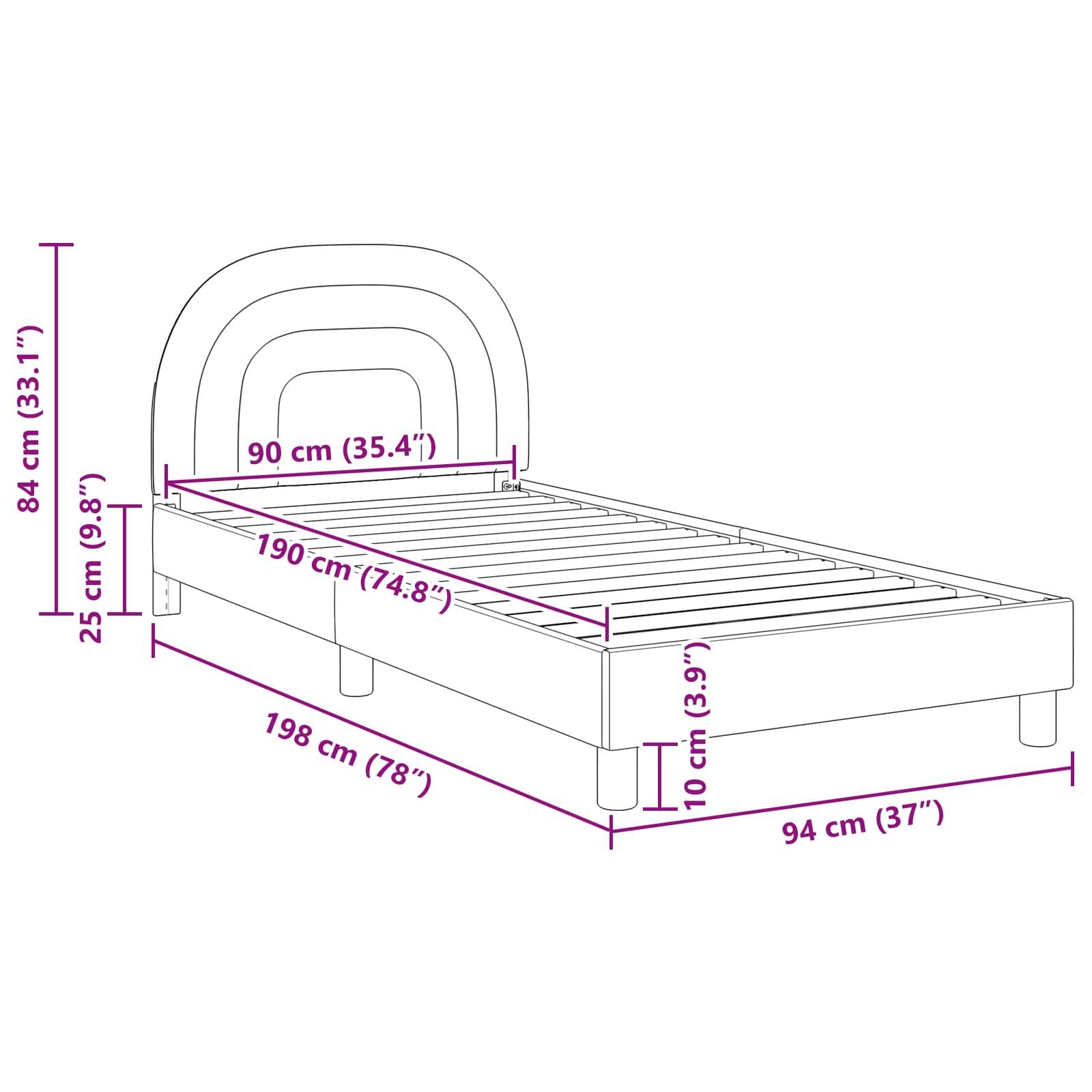 Diagramm eines Bettgestells mit Maßen: Höhe 84 cm (33,1