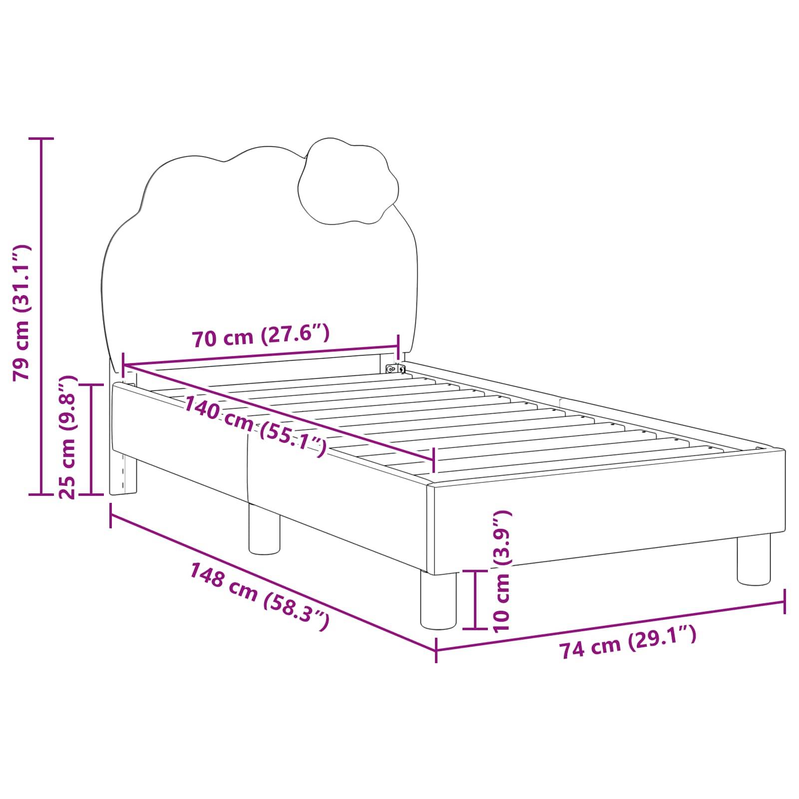 Diagramm mit Bettmaßen: 79 cm hoch, 148 cm lang, 74 cm breit. Matratzenbereich misst 140 cm x 70 cm. Das Kopfteil verleiht eine dekorative Form.
