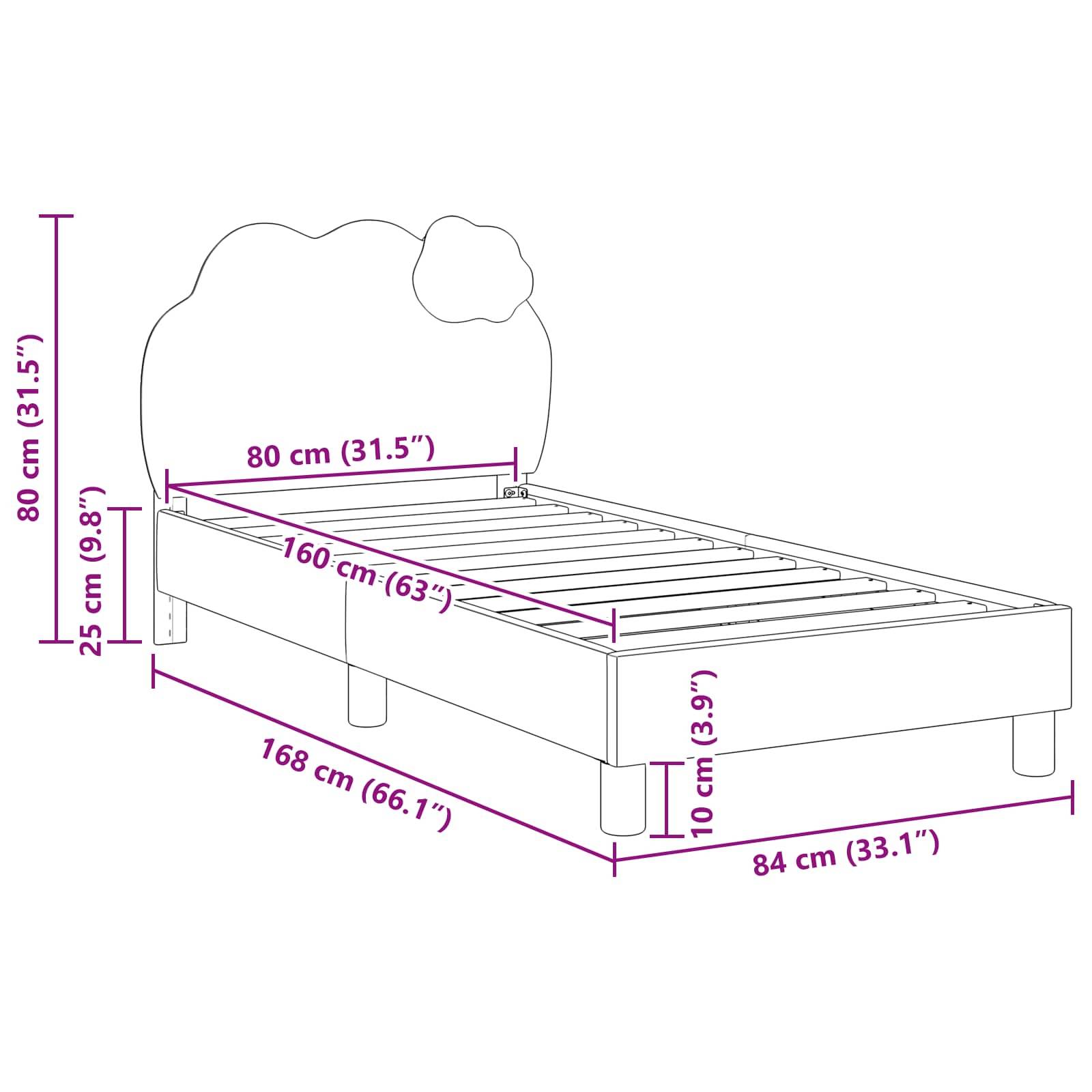 Linienzeichnung eines Bettes mit Abmessungen: Höhe des Kopfteils 80 cm (31,5"), Höhe vom Boden zur Matratzenunterlage 25 cm (9,8""), Sockelhöhe 10 cm (3,9""), Breite 84 cm (33,1""), Länge 168 cm (66,1"").