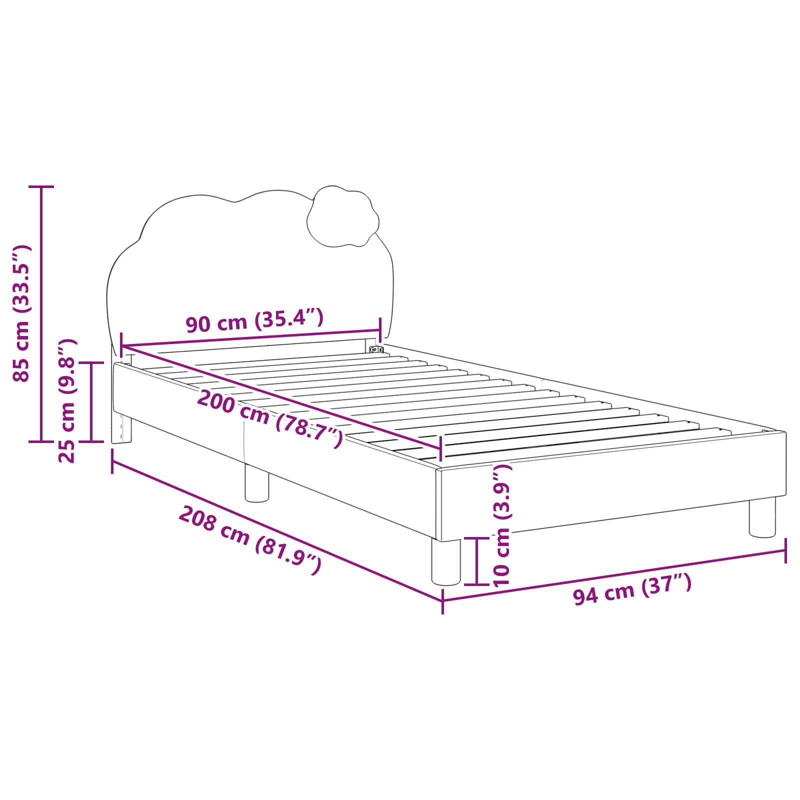 Kinderbett mit wolkenförmigem Kopfteil. Abmessungen: Höhe 85 cm, Breite 90 cm, Länge 208 cm. Matratzenbereich 90 x 200 cm.