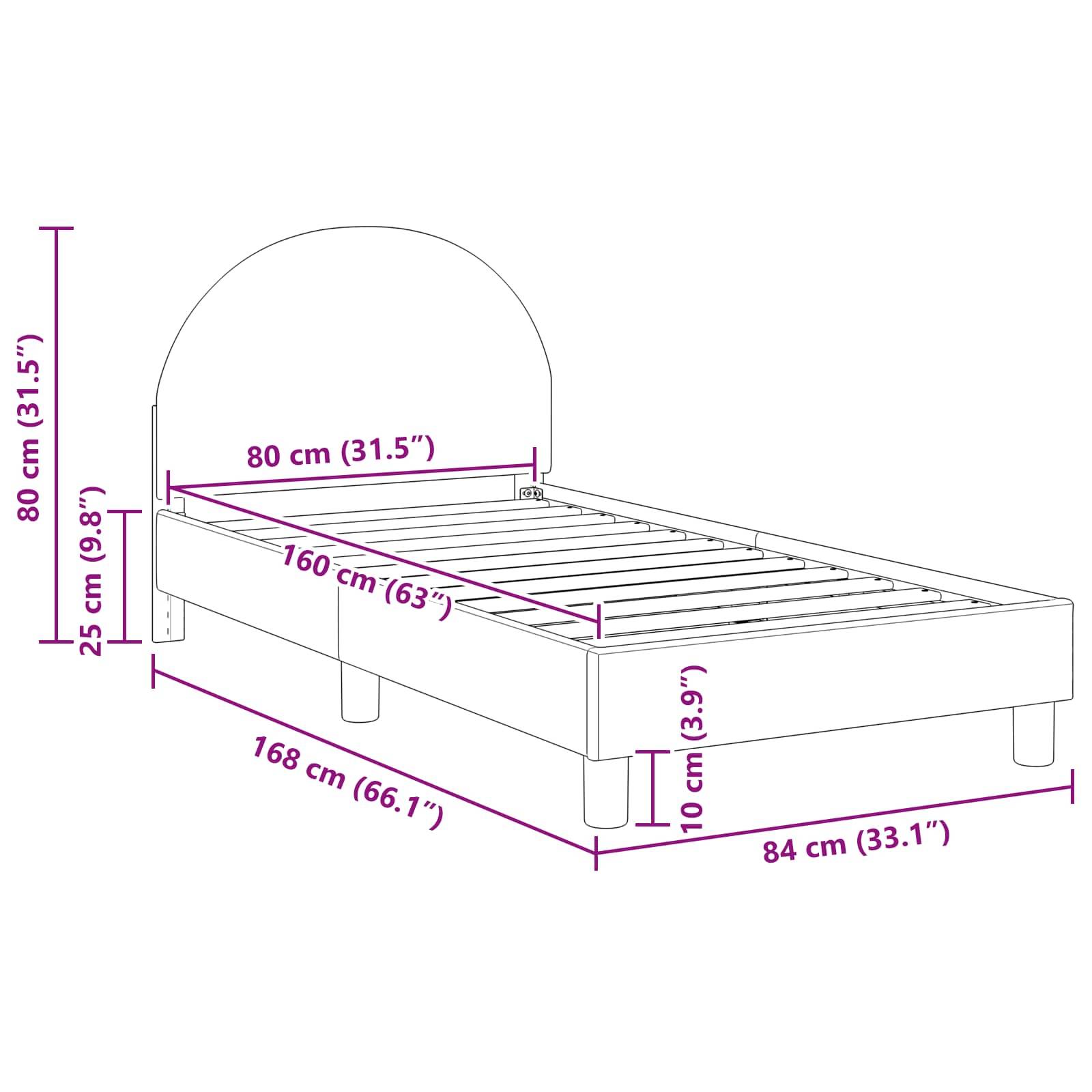 Diagramm eines Bettgestells mit Maßangaben: Höhe 80 cm, Matratzenbreite 80 cm, Länge 168 cm, Höhe vom Boden zum Rahmen 10 cm, Rahmenbreite 84 cm, Kopfteilhöhe 25 cm.