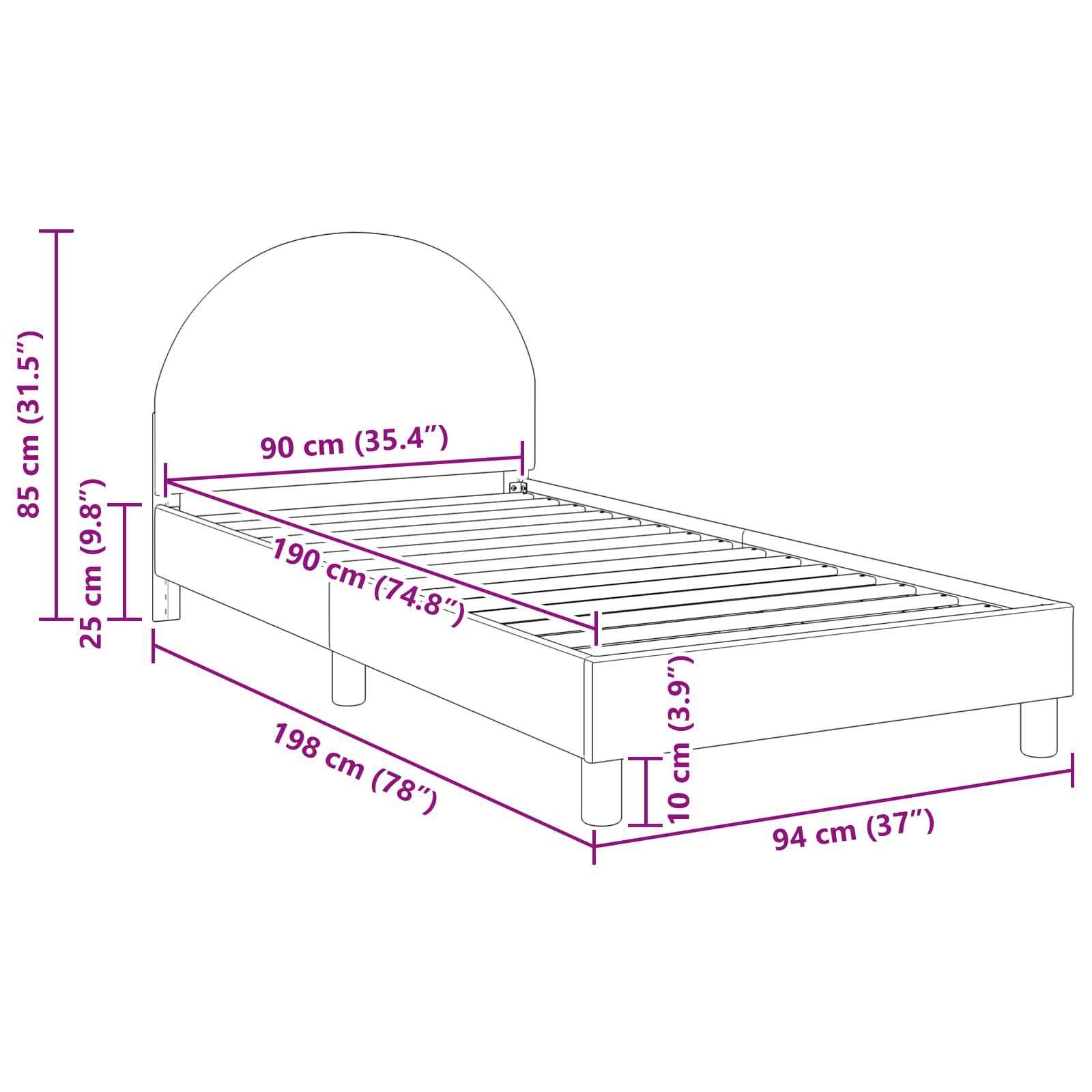 Diagramm eines Bettgestells mit Maßen: Kopfbretthöhe 85 cm, Rahmenbreite 90 cm, Rahmenlänge 190 cm, Gesamtlänge 198 cm, Gesamtbreite 94 cm.