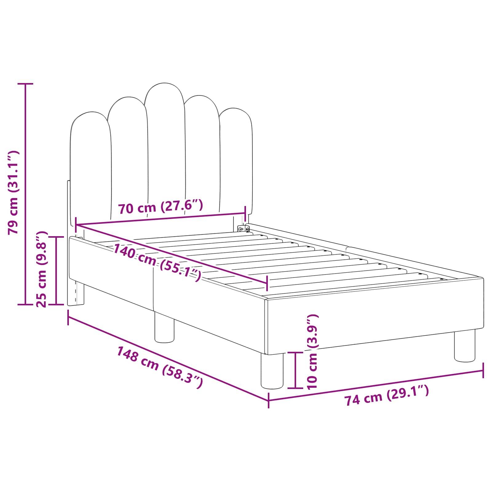 Diagramm eines Bettgestells mit Maßen: Höhe 79 cm, Breite 74 cm, Länge 148 cm. Höhe des Kopfteils 79 cm, Höhe des Fußteils 25 cm.