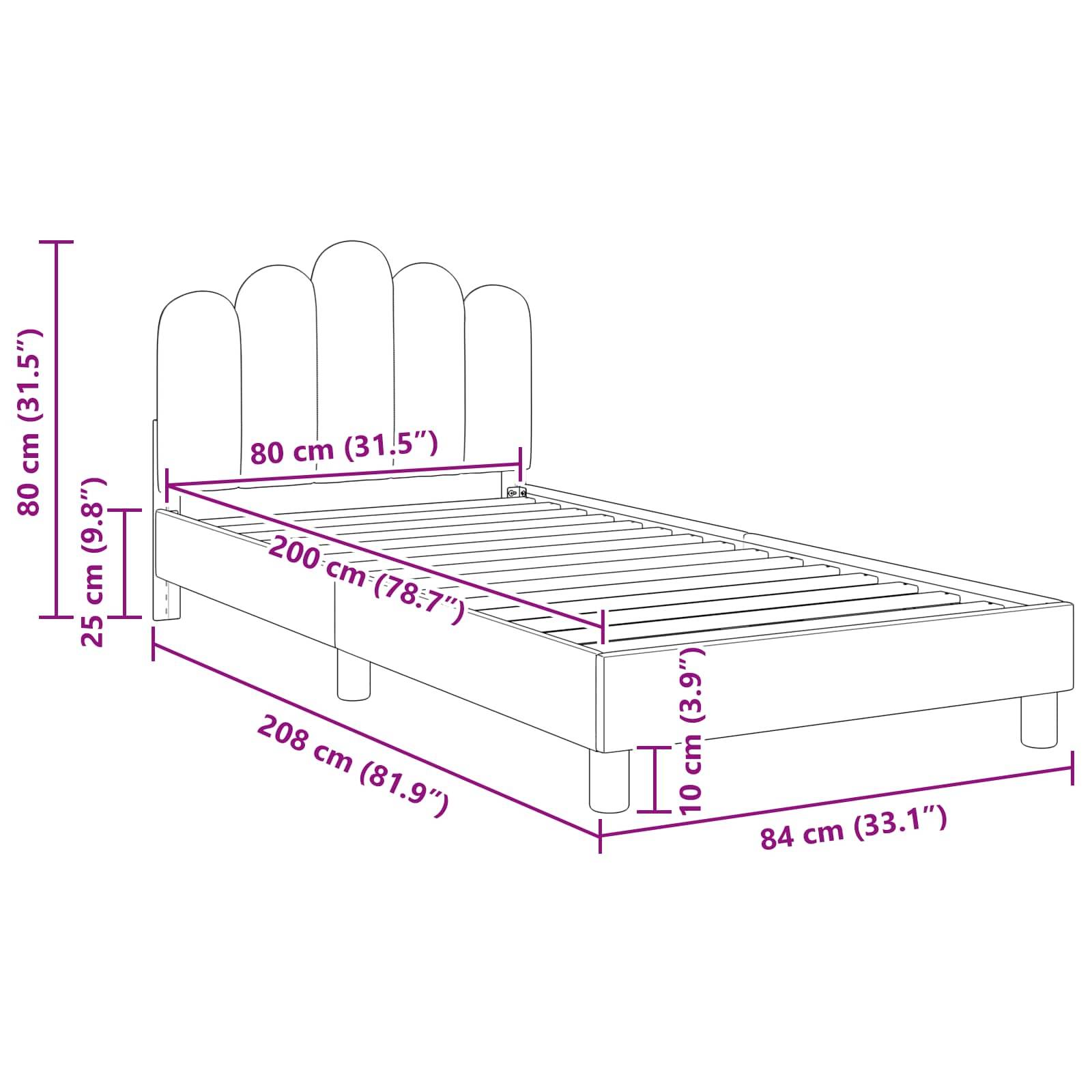 Eine Skizze eines Einzelbettgestells mit Maßangaben: 208 cm lang, 84 cm breit, 80 cm Kopfteilhöhe und 25 cm Rahmenhöhe.