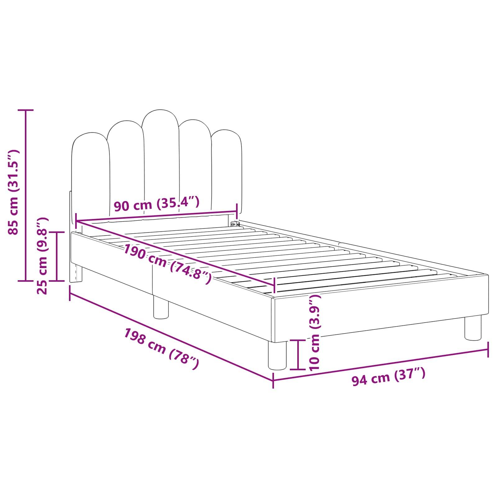 Ein Bettrahmen-Diagramm mit Maßen: Höhe 85 cm, Breite 90 cm, Länge 190 cm, Basishöhe 25 cm, Beine 10 cm.