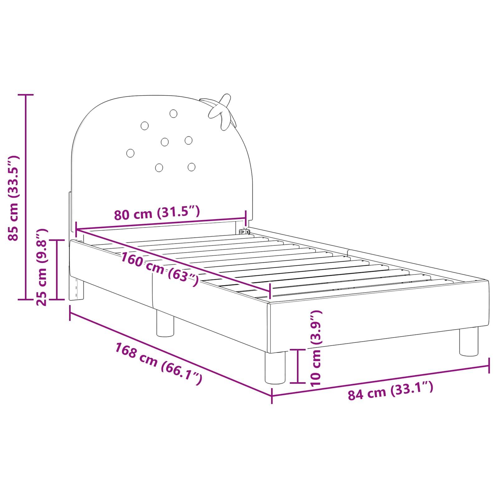 Eine Linienzeichnung eines Bettgestells mit Maßen: 85 cm hoch, 84 cm breit und 168 cm lang, mit einem Blumenmotiv am Kopfteil.