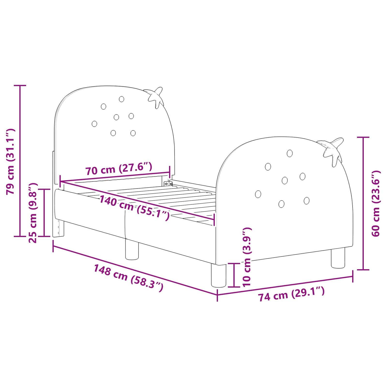 Eine Skizze eines Bettes mit beschrifteten Abmessungen. Das Bett ist 148 cm lang, 74 cm breit und 79 cm hoch. Verschiedene Teile des Bettes haben spezifische Maße.