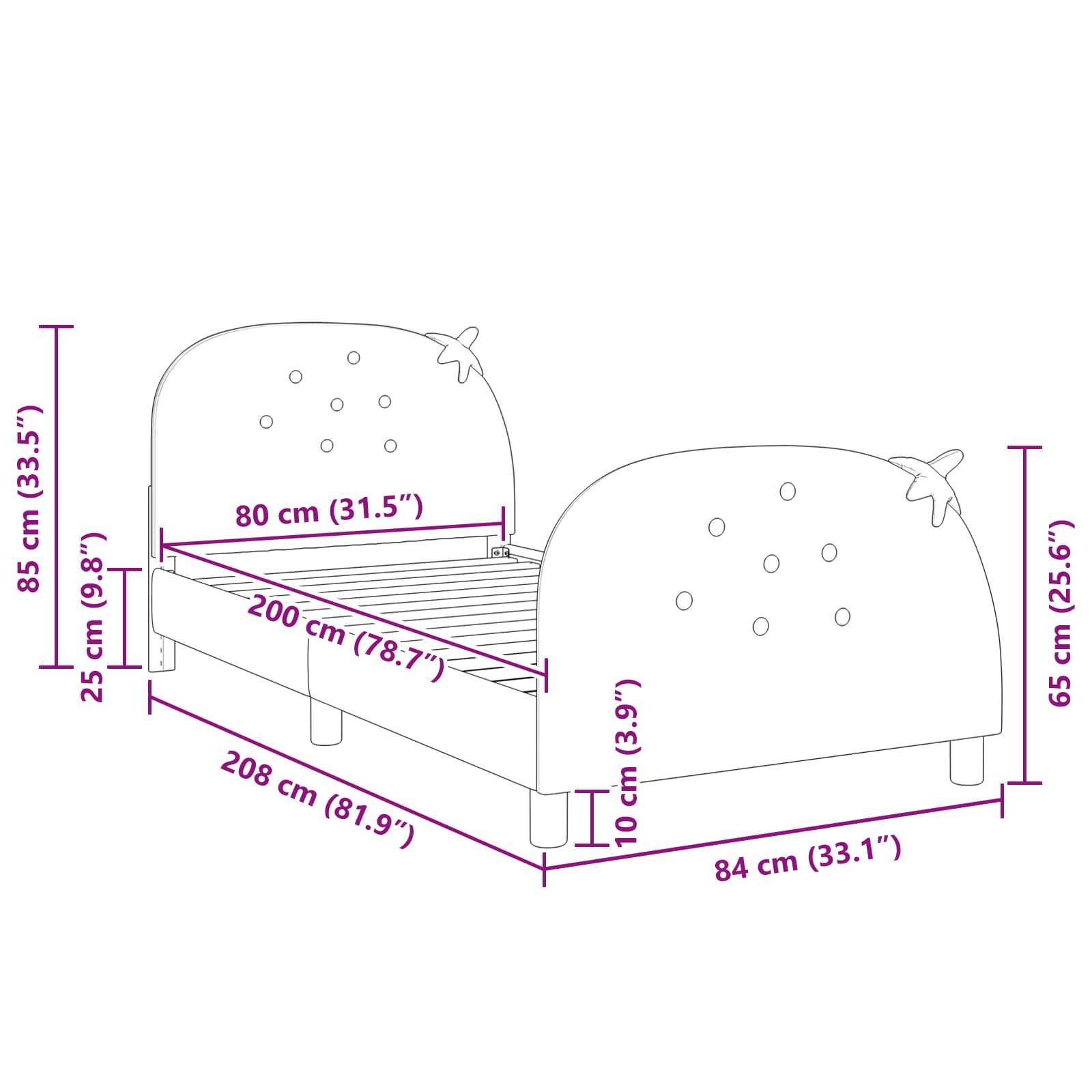 Diagramm eines Bettes mit Abmessungen. Länge: 208 cm, Breite: 84 cm, Höhe: 85 cm. Kopfteil ist 85 cm hoch. Dekorative Sterne auf Kopf- und Fußteil.