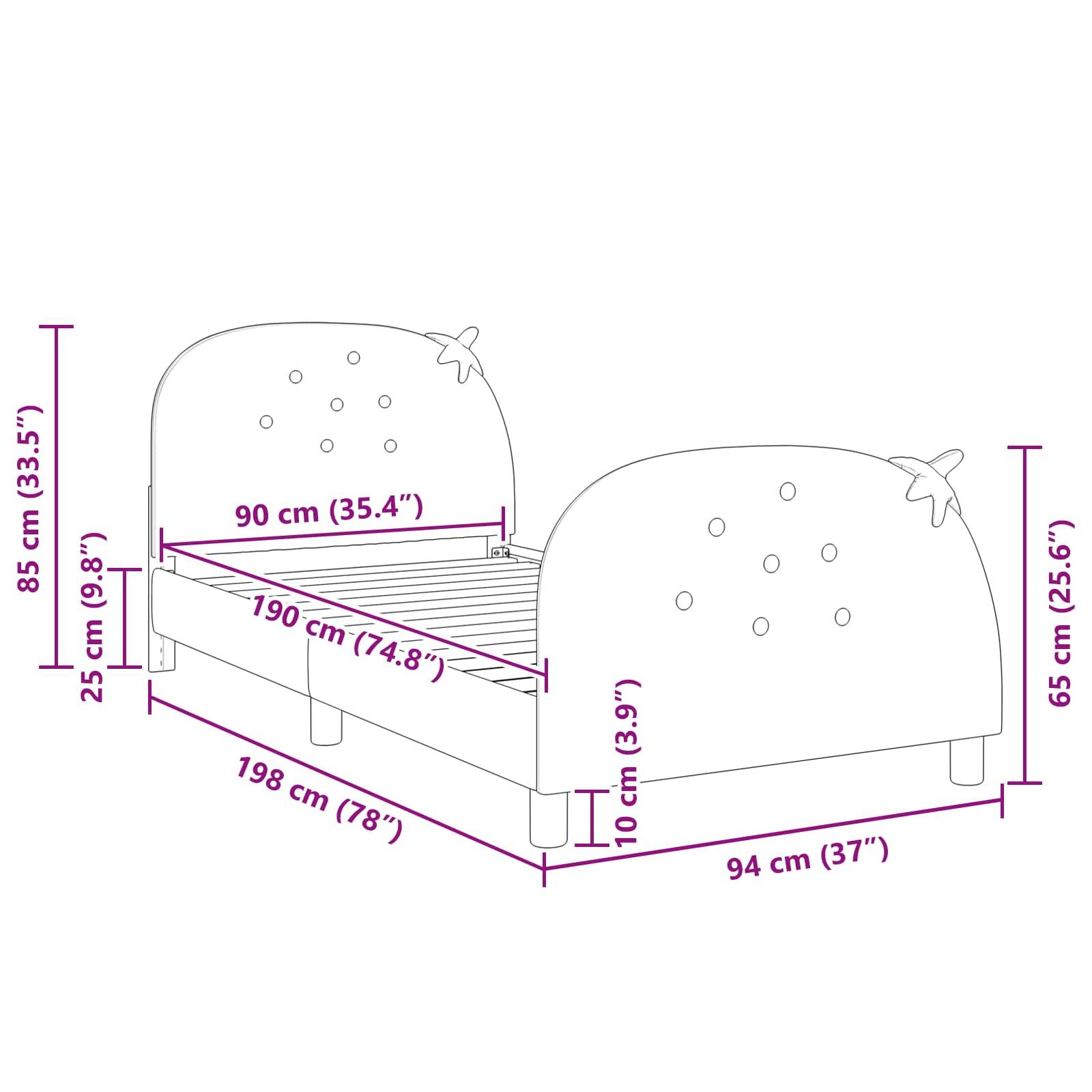 Ein Kinderbett-Plan mit Maßen: 198 cm lang, 94 cm breit und Höhen von 85 cm am Kopfende und 65 cm am Fußende.