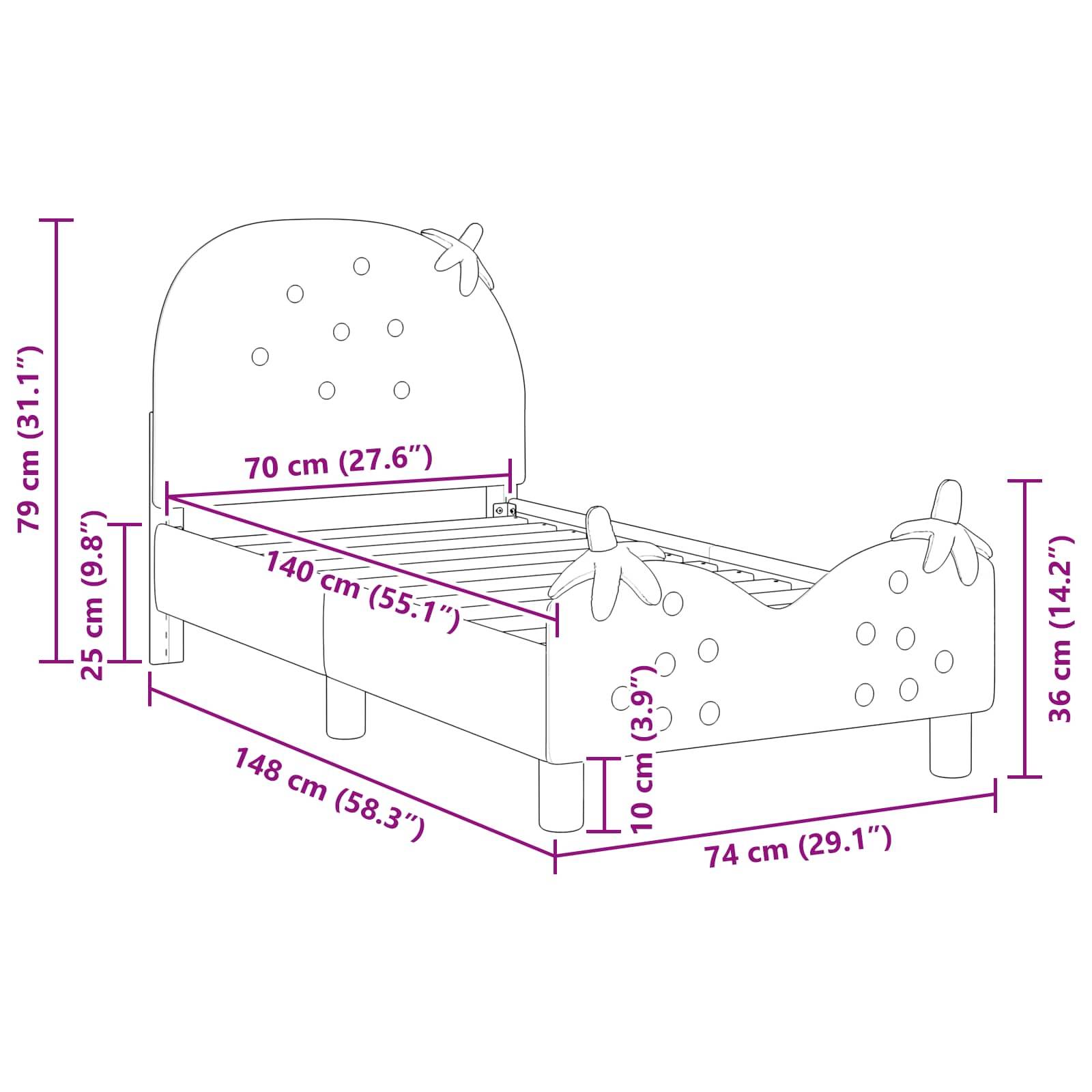 Kinderbettmaße: 148 cm (Länge) x 74 cm (Breite) x 79 cm (Höhe). Matratzenbereich: 140 cm x 70 cm. Boden bis Geländer: 25 cm.