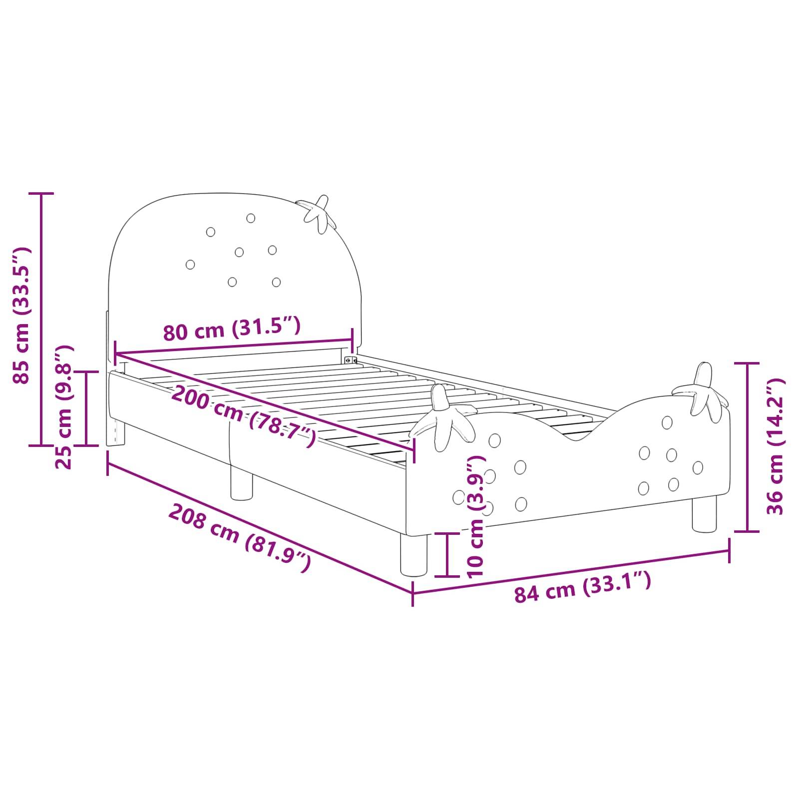 Ein Kinderbett mit dekorativer Kopf- und Fußseite, dargestellt in einer technischen Zeichnung mit Abmessungen: 208 cm x 84 cm x 85 cm.