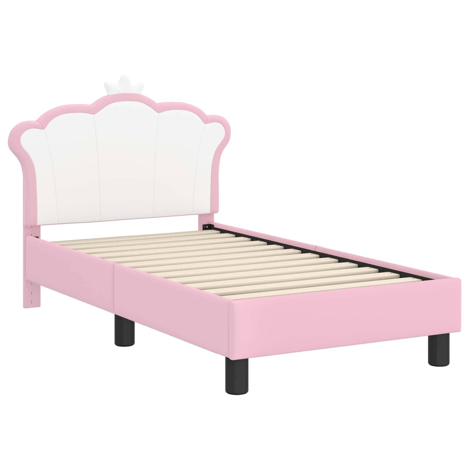 Ein rosa und weißes Kinderbettgestell mit einer muschelförmigen Kopfseite und schwarzen Beinen, entworfen für eine Einzelmatratze.