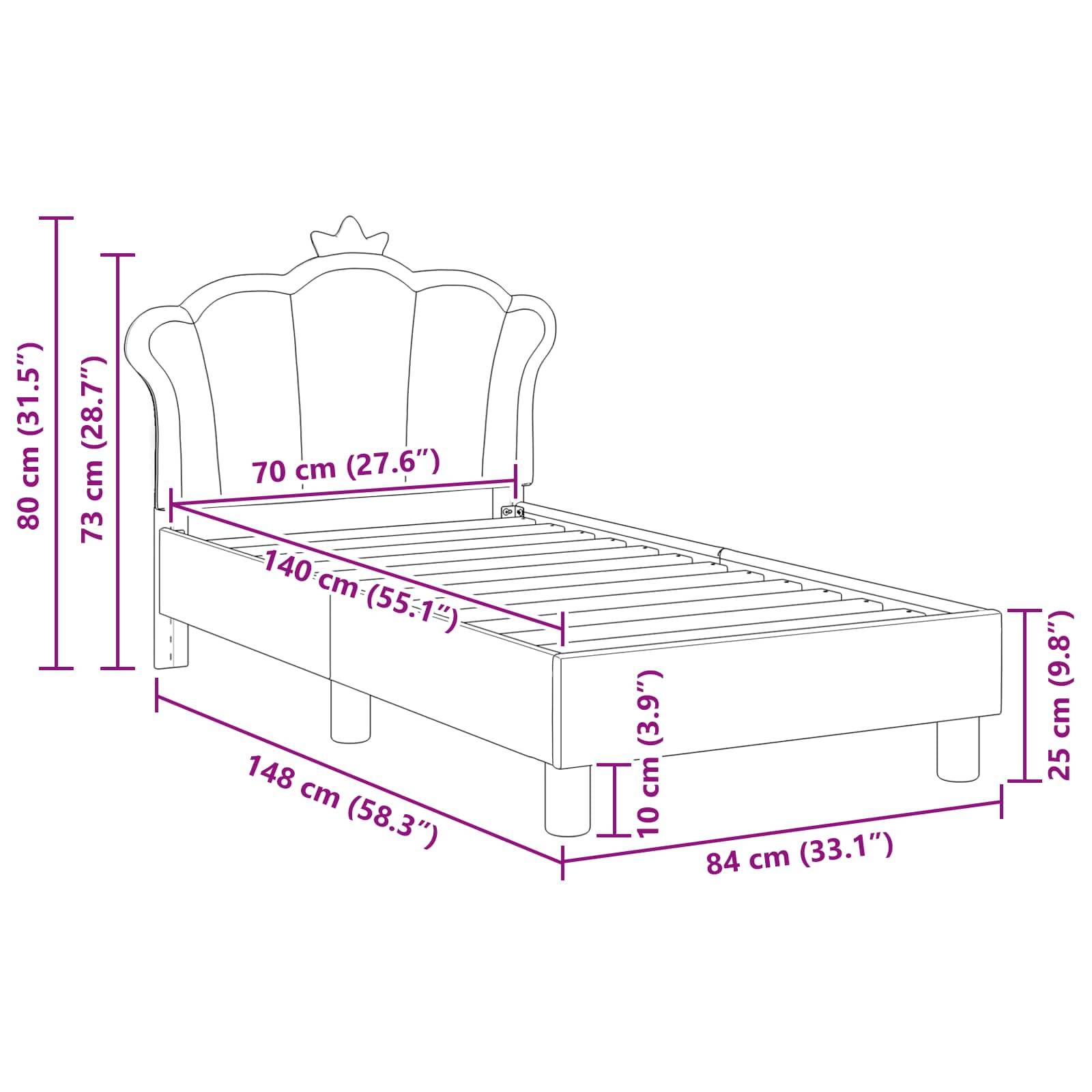 Diagramm eines Bettes mit Maßen: Höhe 73 cm (28,7"), Breite 84 cm (33,1""), Länge 148 cm (58,3""), Kopfteil 80 cm (31,5"").