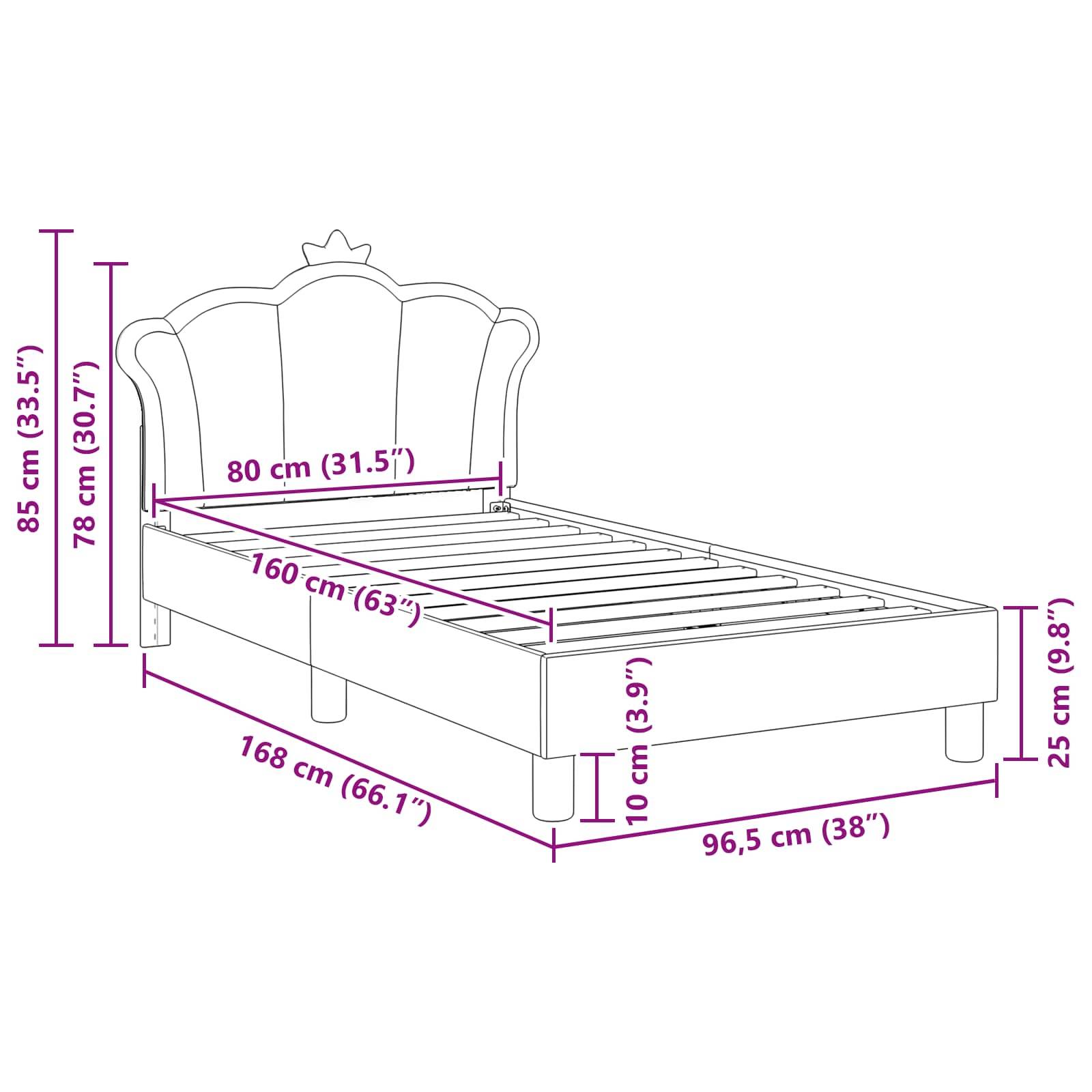 Eine Linienzeichnung eines Bettes mit beschrifteten Abmessungen: Höhe 85 cm, Höhe des Kopfteils 78 cm, Breite 80 cm, Länge 168 cm, Beinhöhe 10 cm.
