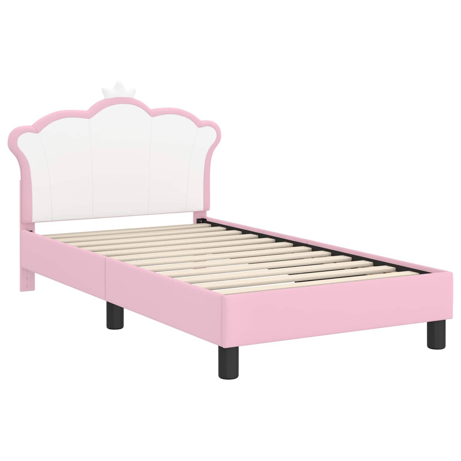 Ein rosa Kinderbettgestell mit einer gewellten Kopfseite, weißem Innenbereich und Holzlatten, geeignet für ein Mädchenzimmer.
