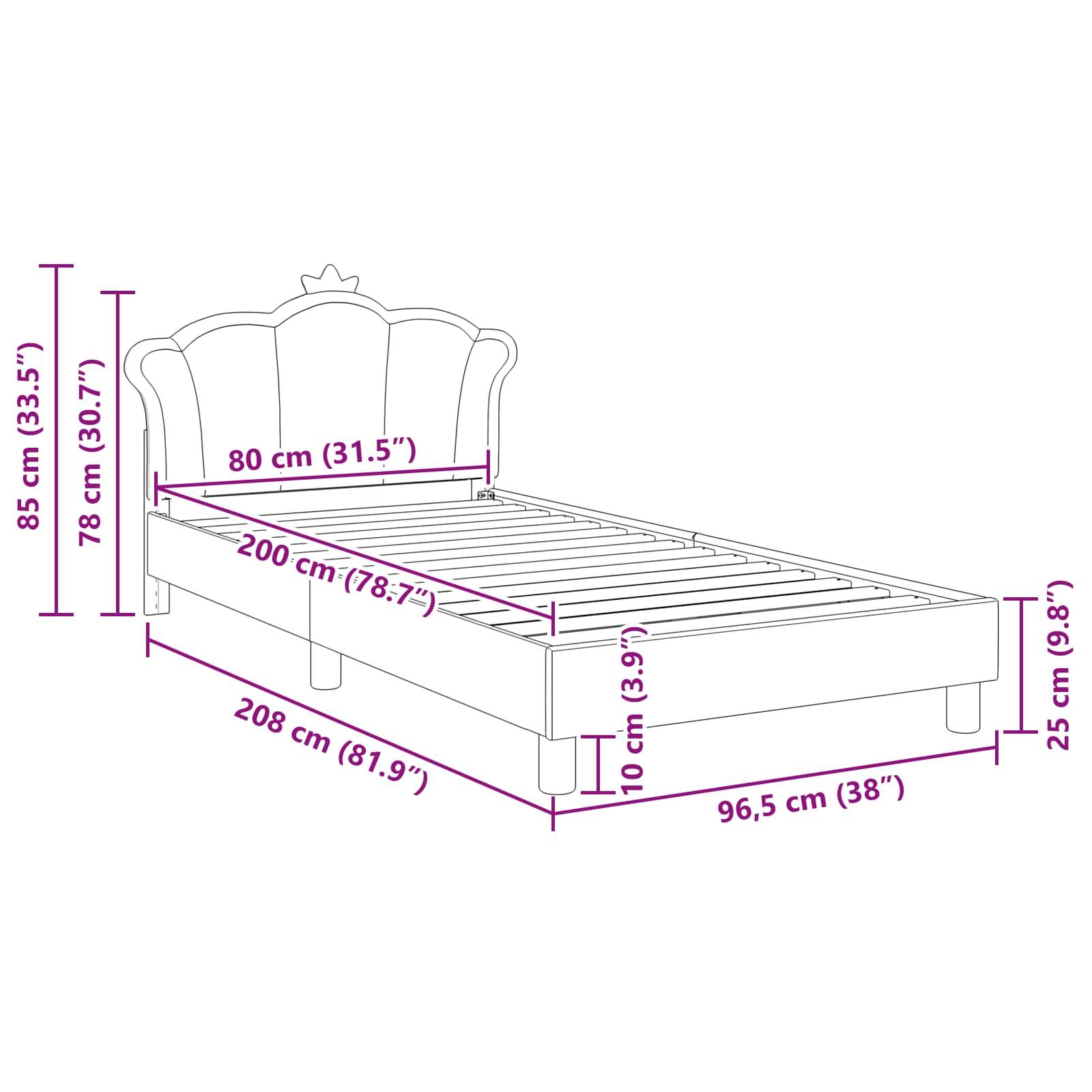 Abbildung eines Bettes mit Maßangaben: Höhe 85 cm, Breite 96,5 cm, Länge 208 cm, Höhe des Kopfteils 78 cm und Höhe des Bettgestells 25 cm.