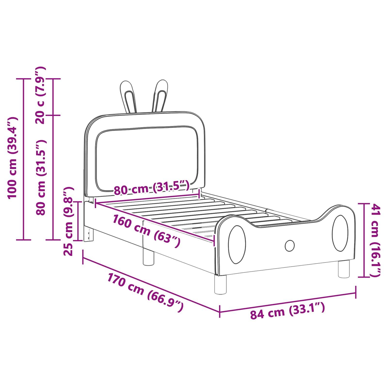 Kinderbett-Abmessungen: Länge 170 cm (66,9"), Breite 84 cm (33,1""), Höhe des Kopfendes 100 cm (39,4""), Betthöhe 41 cm (16,1"").