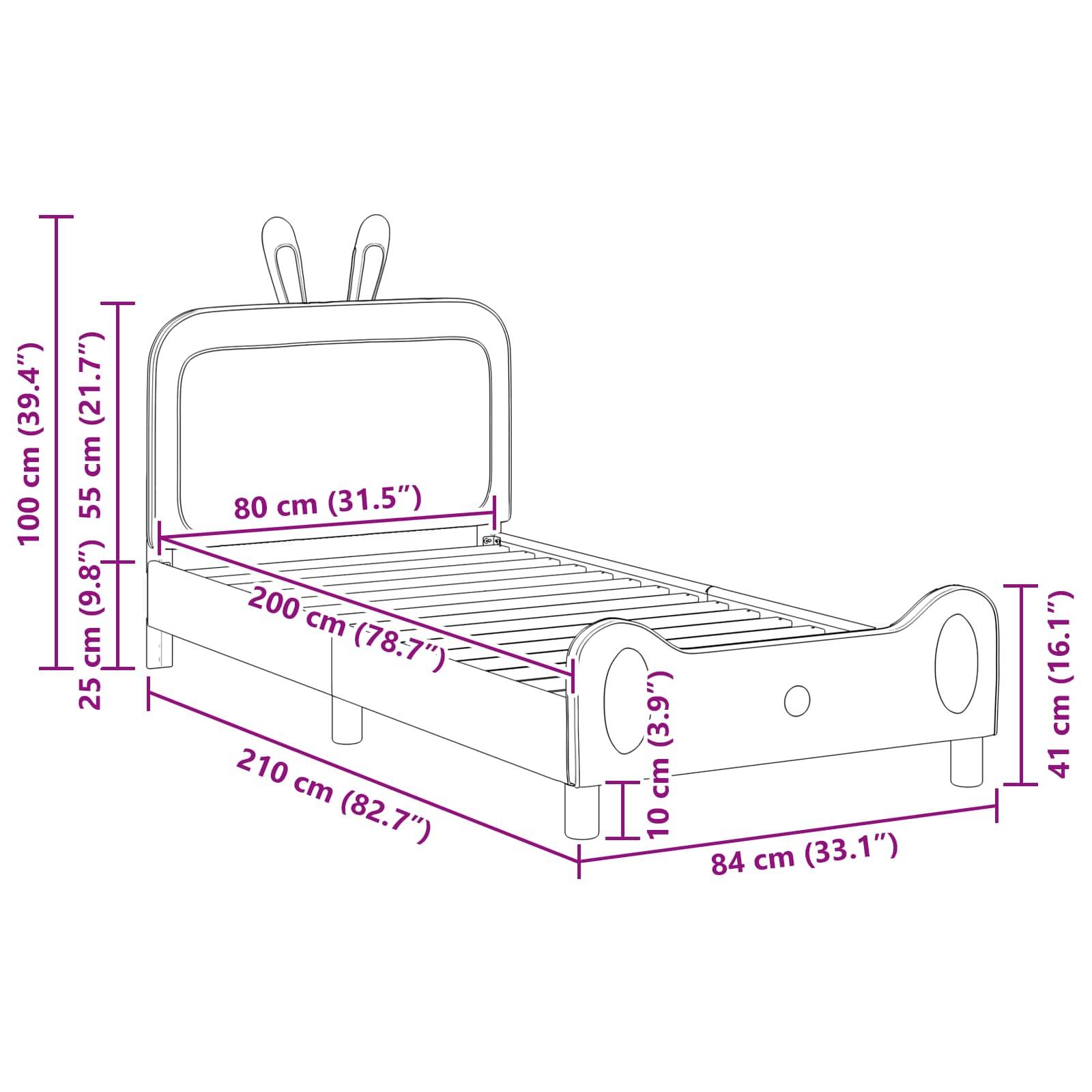 Eine Linienzeichnung eines Kinderbettes mit Maßen: Höhe 100 cm, Länge 210 cm, Breite 84 cm. Verschiedene Teile zeigen Details sowohl in cm als auch in Zoll.