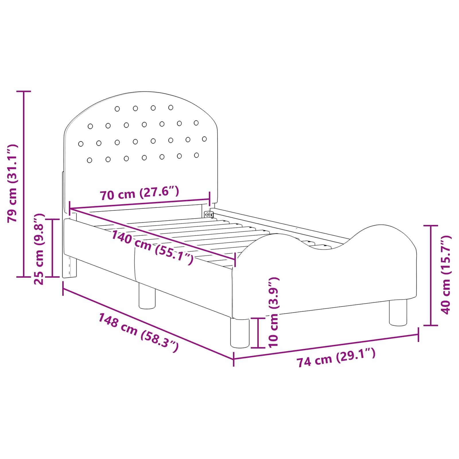 Abmessungen eines Bettes mit gepunkteter Kopfseite: Höhe 79 cm, Breite 70 cm, Länge 148 cm, Bettgestell bei 25 cm; Seite 10 cm; Fußteil 40 cm.