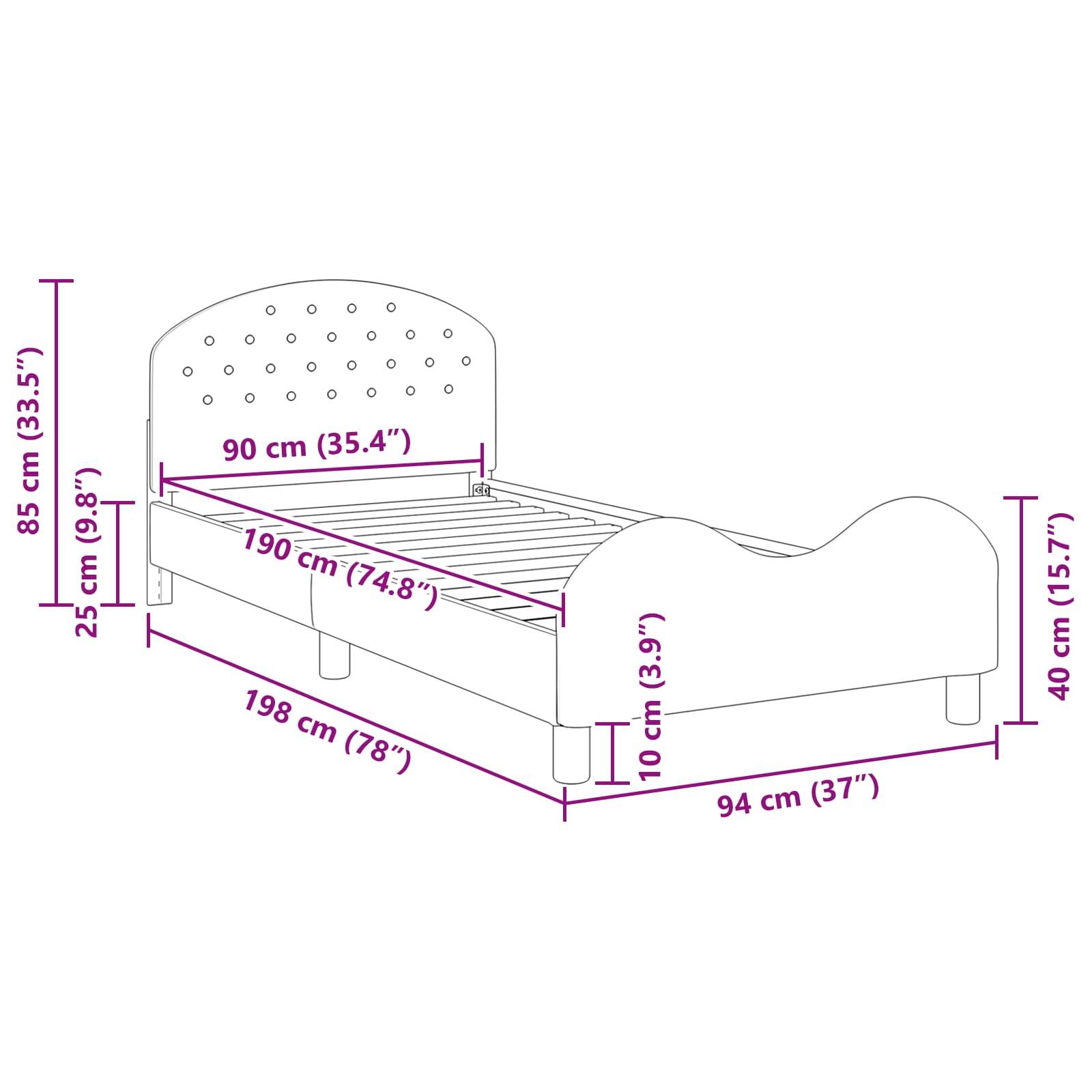 Diagramm eines Bettes mit Maßen: Höhe 85 cm, Länge 190 cm, Breite 90 cm. Zusätzliche Längen umfassen 198 cm Gesamtlänge und 94 cm Breite an der Basis.