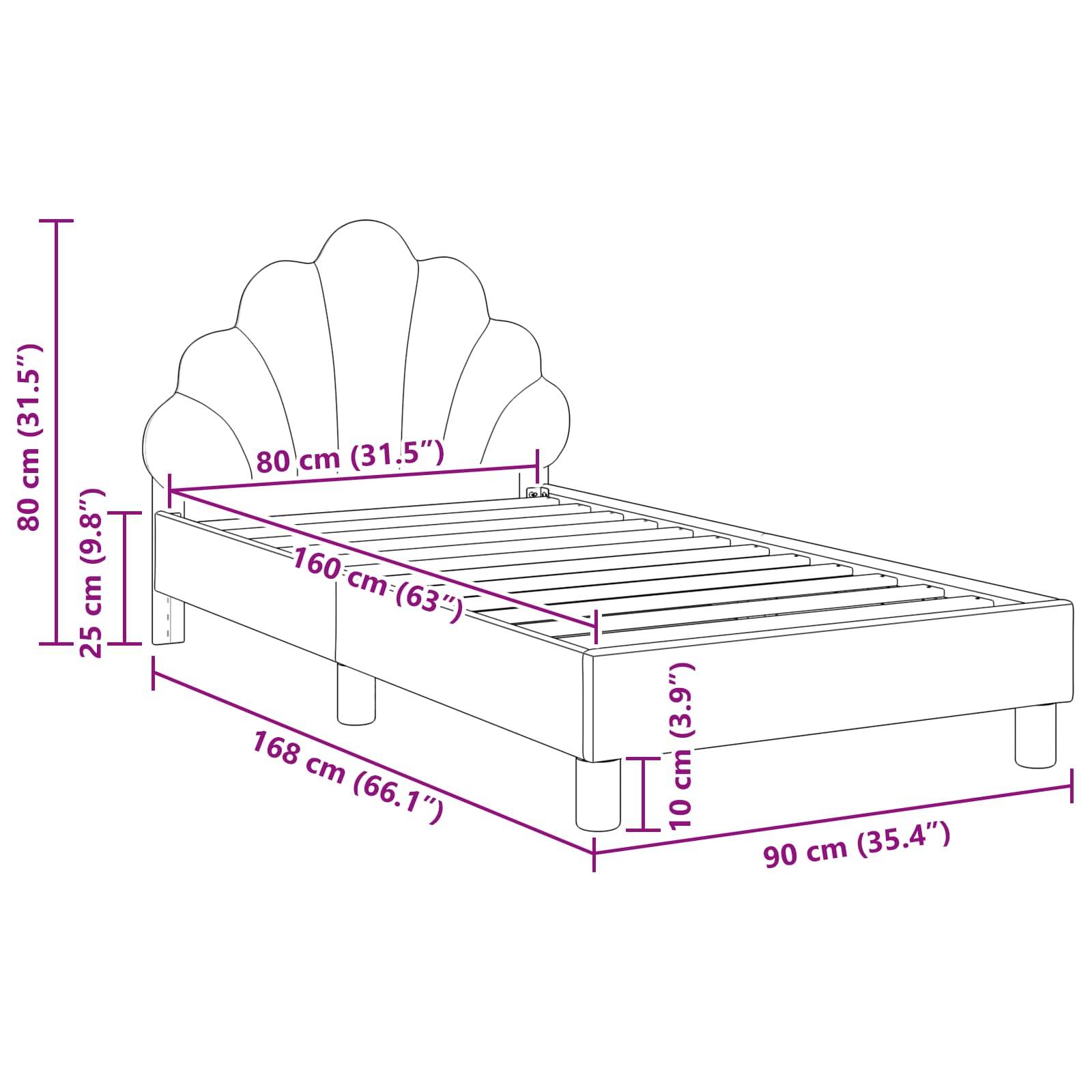 Eine Linienzeichnung eines Bettes mit beschrifteten Abmessungen: Höhe 80 cm, Breite 90 cm, Länge 168 cm und Kopfteilhöhe 25 cm.