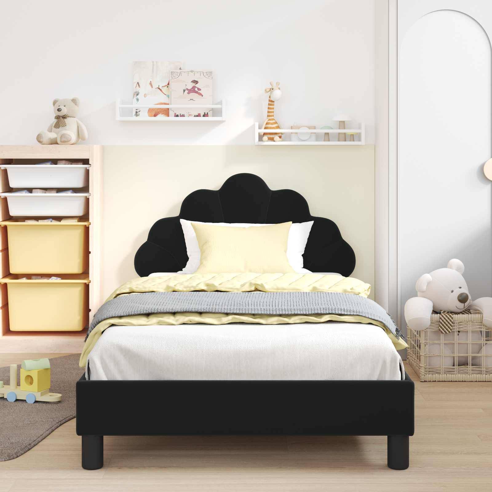 vidaXL Kinderbettgestell mit Kopfteil Schwarz 90 x 200 cm Samt