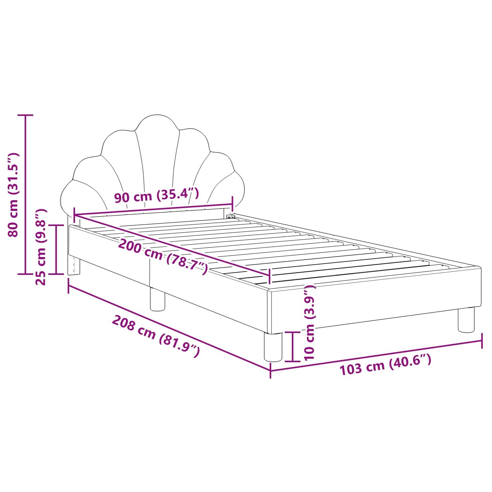Diagramm eines Bettgestells mit Abmessungen: 90 cm Breite, 200 cm Länge, 80 cm Kopfteilhöhe, 25 cm Rahmenhöhe, 10 cm Beinhöhe.