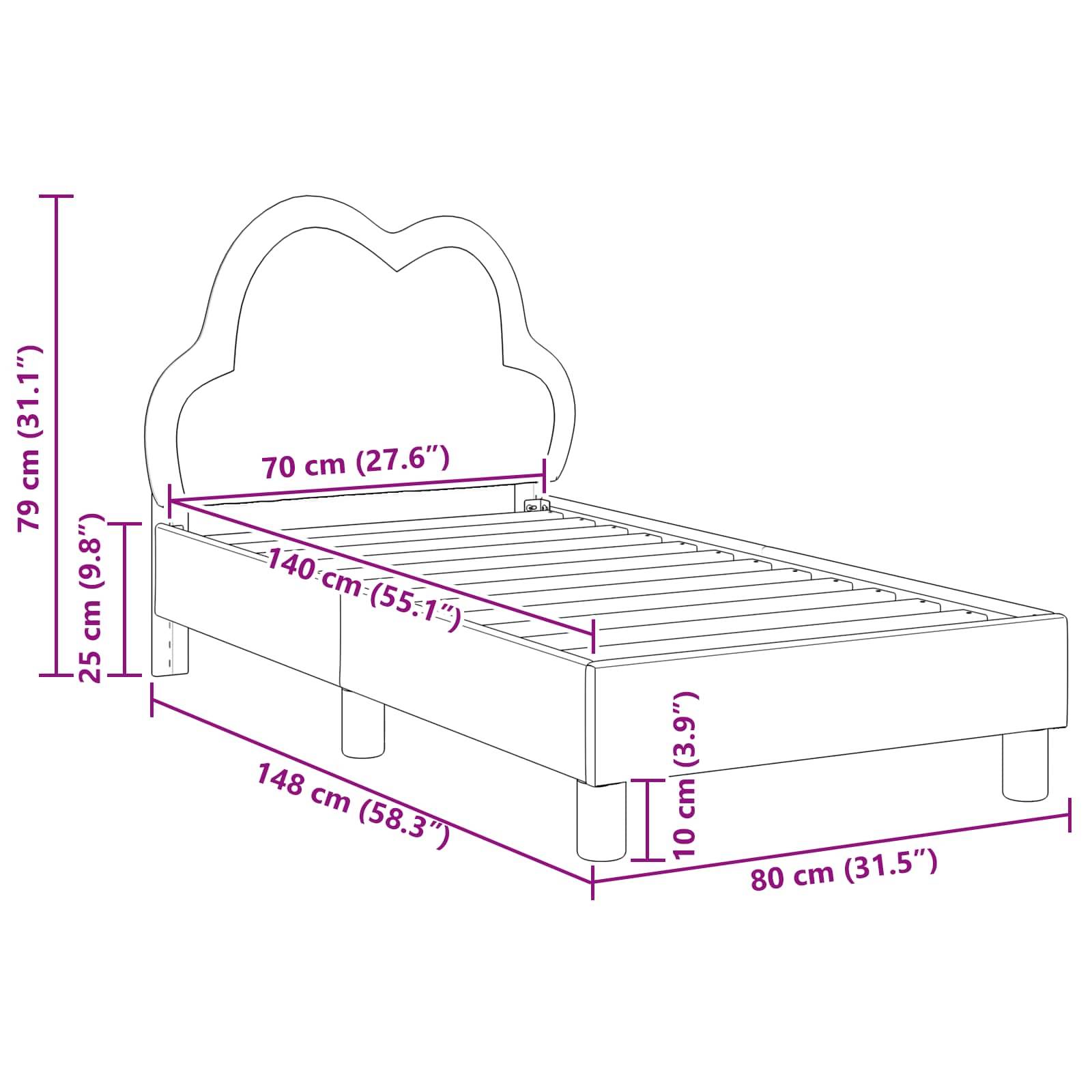 Illustration eines Bettgestells mit Maßen: Breite 70 cm, Länge 140 cm, Höhe des Kopfteils 79 cm, Höhe des Fußteils 25 cm.