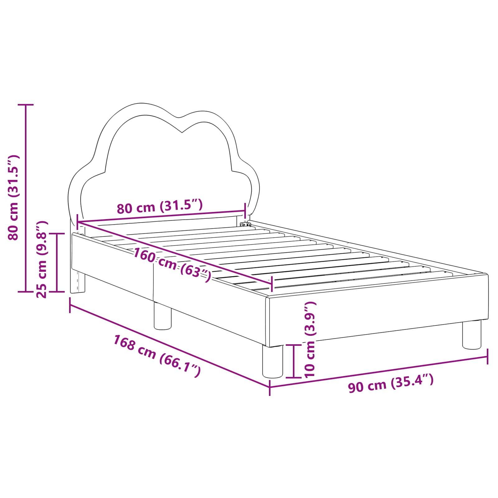 Ein Kinderbett mit dekorativem Kopfteil ist abgebildet mit beschrifteten Abmessungen. Länge: 168 cm, Breite: 90 cm, Höhe: 80 cm. Matratzengröße: 160 cm x 80 cm.