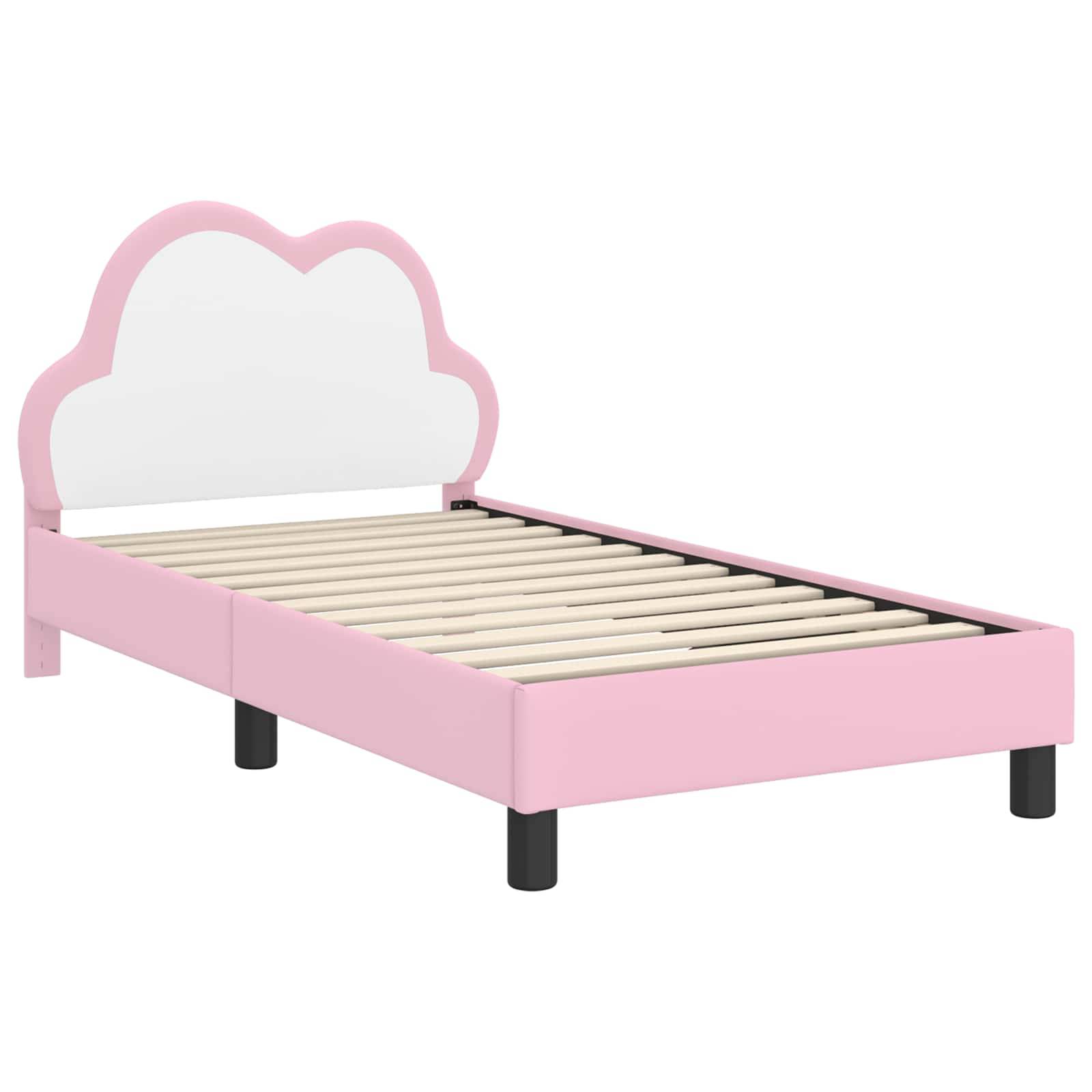 Ein rosa Kinderbettgestell mit einer wolkenförmigen Kopfseite, ohne Matratze, mit Holzlatten und schwarzen Beinen.