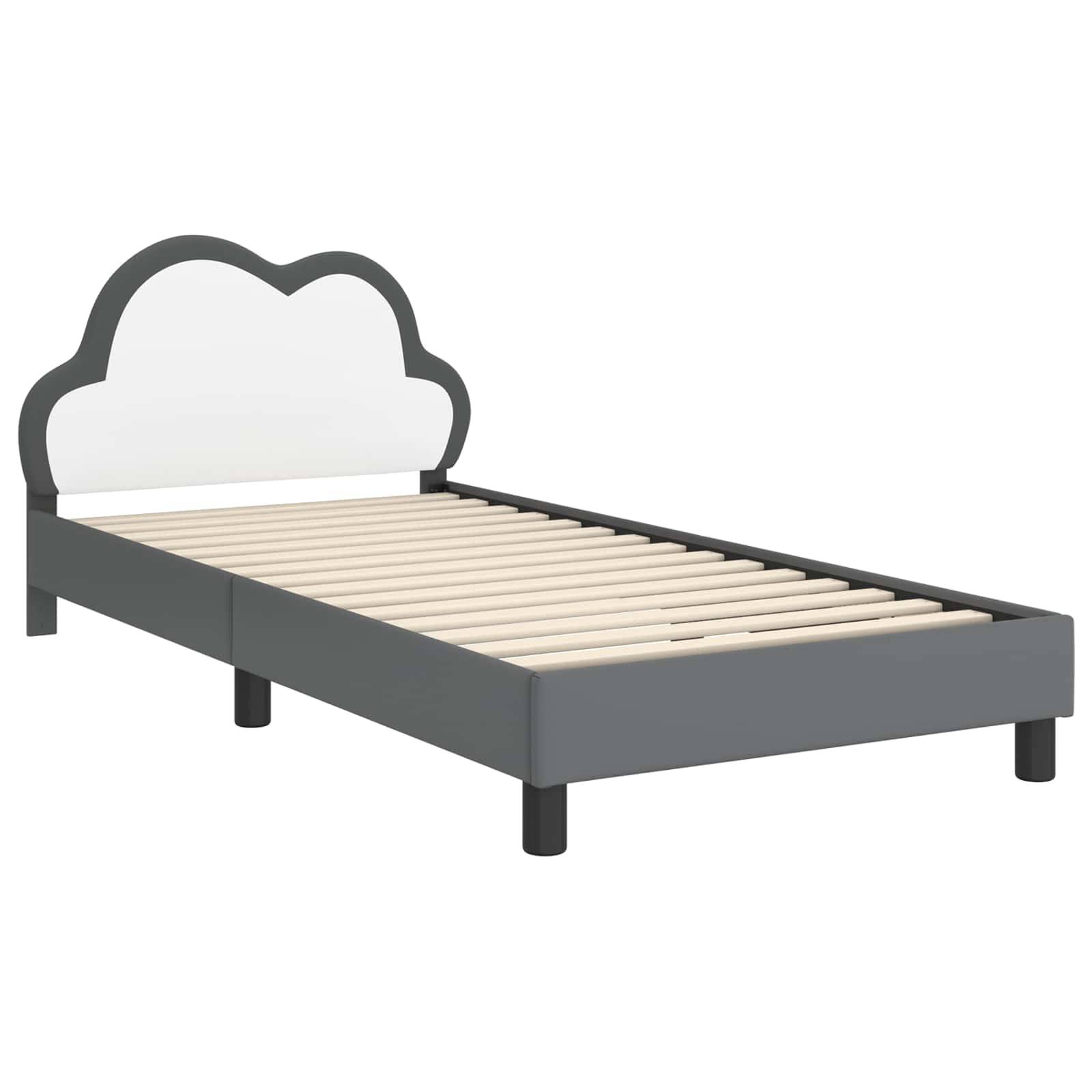 Ein graues Kinderbettgestell mit einer wolkenförmigen Kopfseite und Holzsprossen, ausgelegt für eine Einzelmatratze, ohne Matratze.