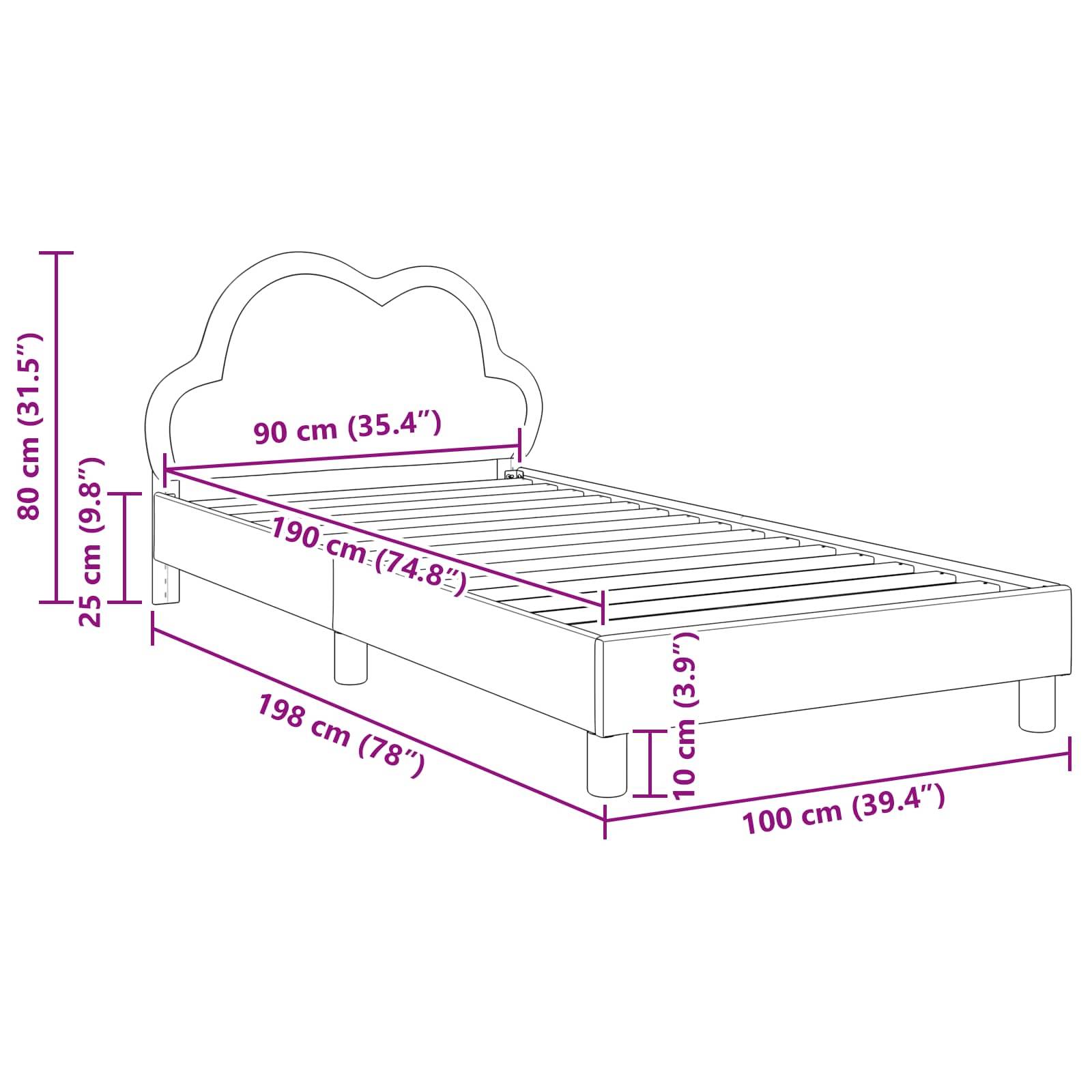Eine Skizze eines Bettes mit folgenden Maßen: 198 cm Länge, 90 cm Breite, 80 cm Kopfteilhöhe, 25 cm Rahmenhöhe, 10 cm Beinhöhe.