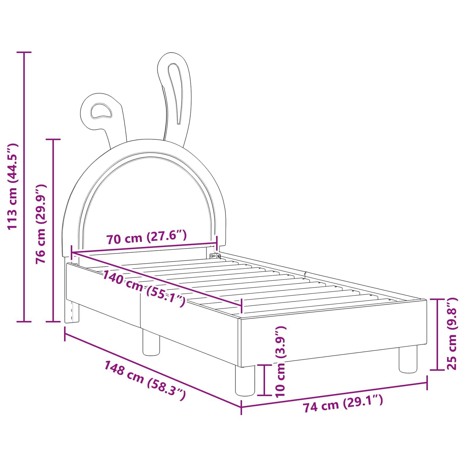 Maße des Hasen-Bettes: 148 cm lang, 74 cm breit, 25 cm hoch. Kopfteil ist 113 cm hoch, 70 cm breit. Bodenfreiheit von 10 cm darunter.