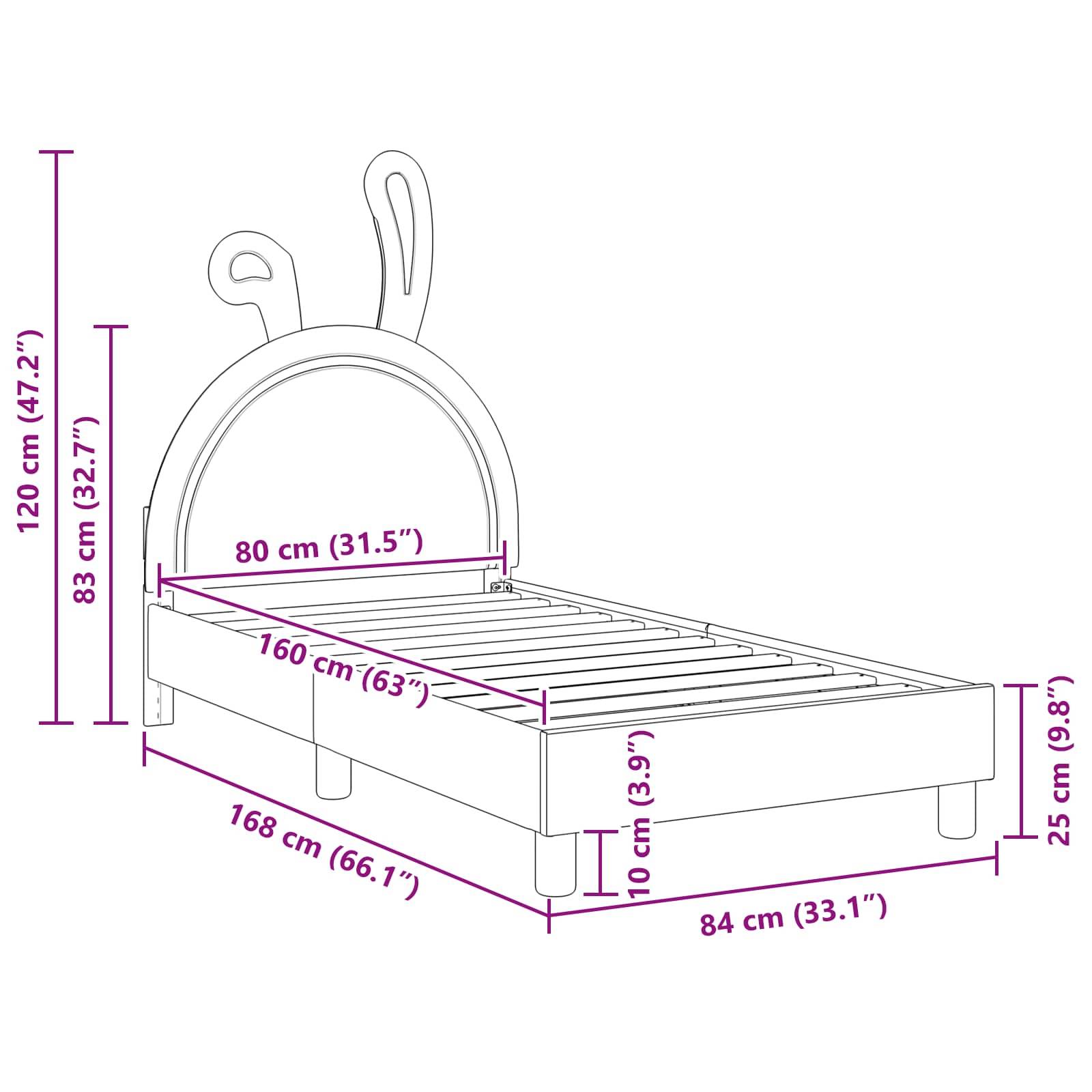 Eine Skizze eines Hasenrahmen-Bettes mit Maßen: 120 cm Höhe, 83 cm Rückenhöhe, 160 cm Länge, 168 cm Breite, 25 cm Betthöhe.