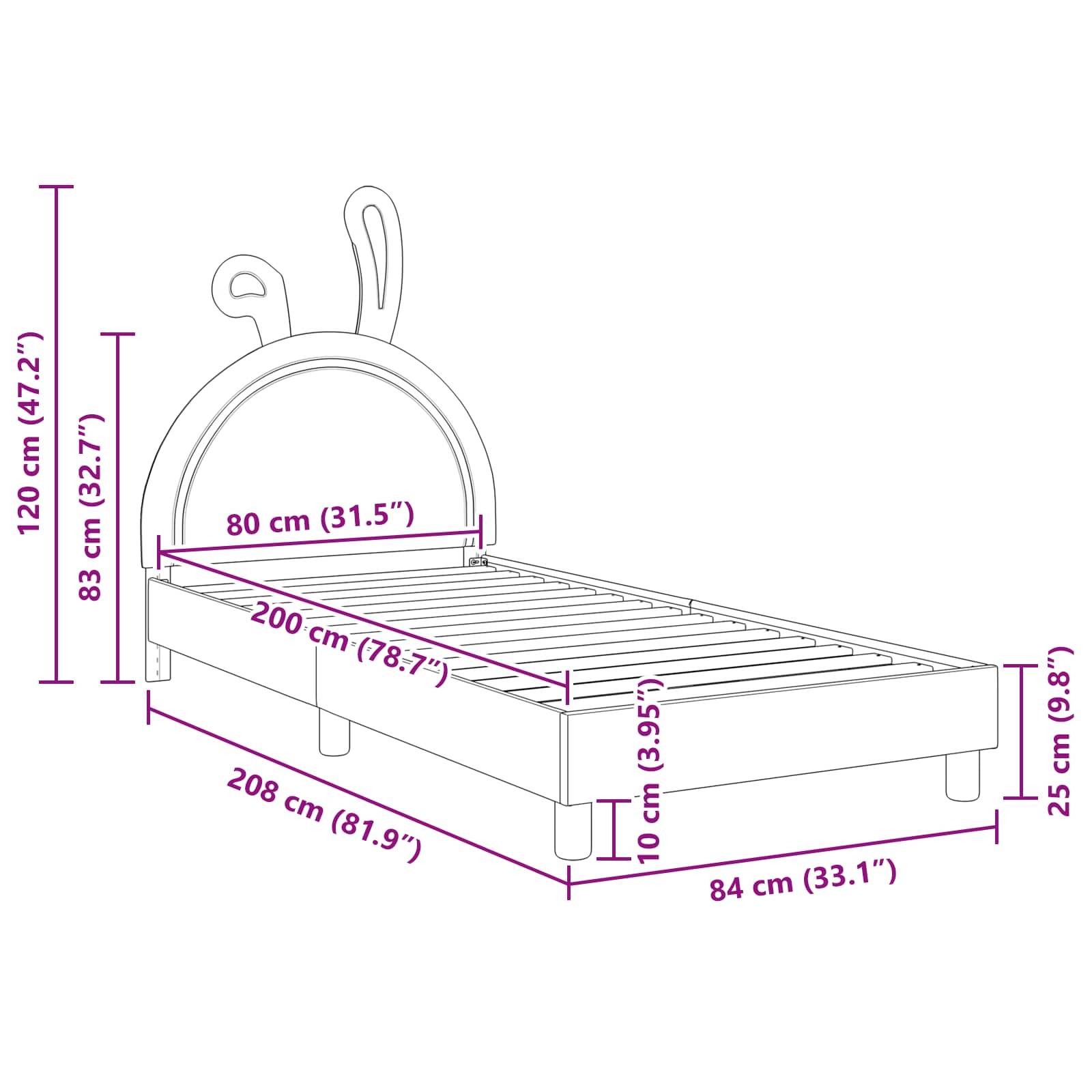 Illustration eines Kinderbettes mit Hasenohren-Kopfteil. Abmessungen: 120 cm hoch, 208 cm lang, 84 cm breit, mit einer Betthöhe von 25 cm.
