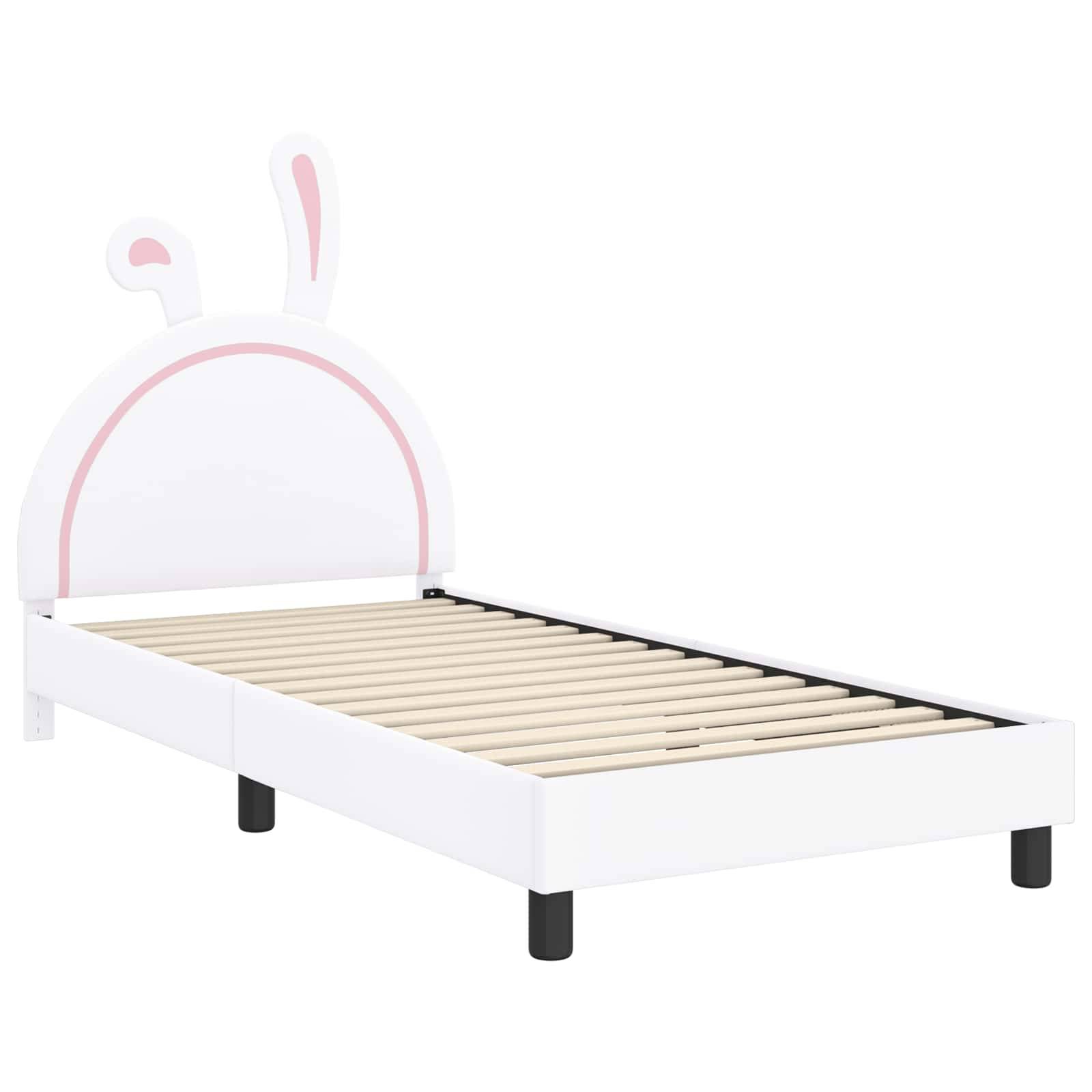 Ein weißer Bettrahmen mit einem Hasenohren-Design am Kopfteil und Holzlatten, vor einem weißen Hintergrund.