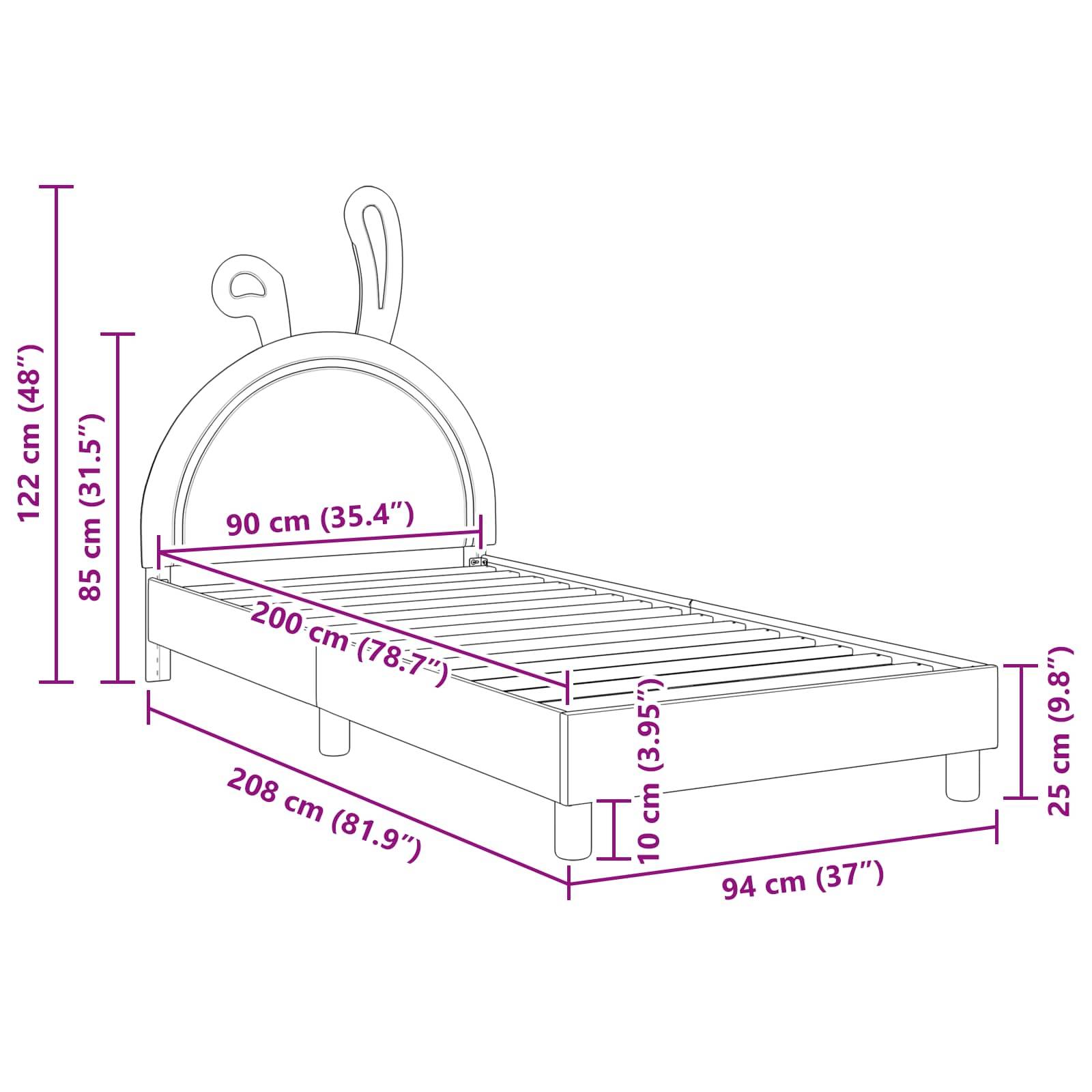 Diagramm eines Bettes mit ohrförmigem Kopfteil. Maße: 208 cm lang, 90 cm breit, 85 cm Kopfteilhöhe, 25 cm Basishöhe.