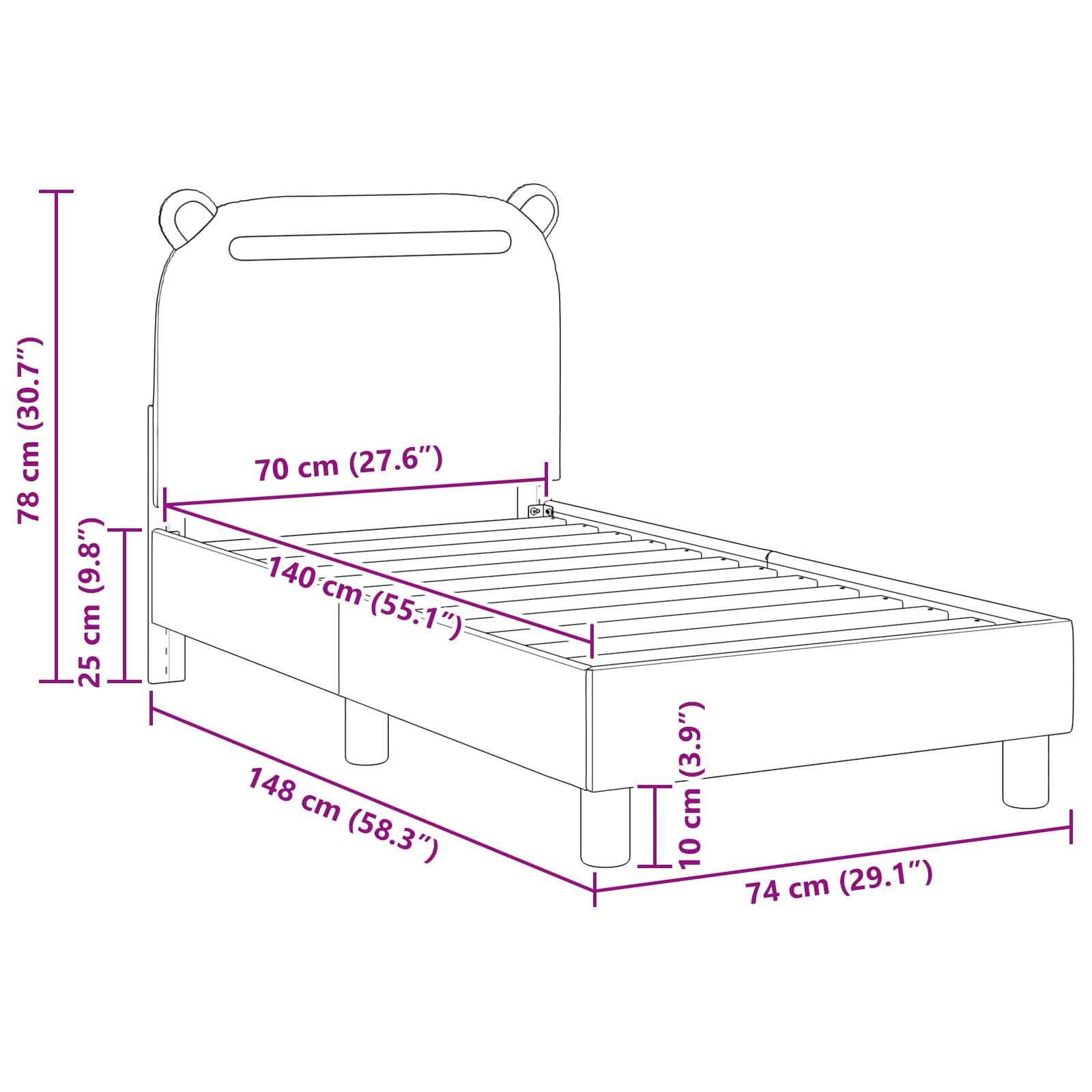 Illustration eines kindgerechten Bettes mit Maßen: Höhe 78 cm (30,7 Zoll), Breite 74 cm (29,1 Zoll) und Länge 148 cm (58,3 Zoll).